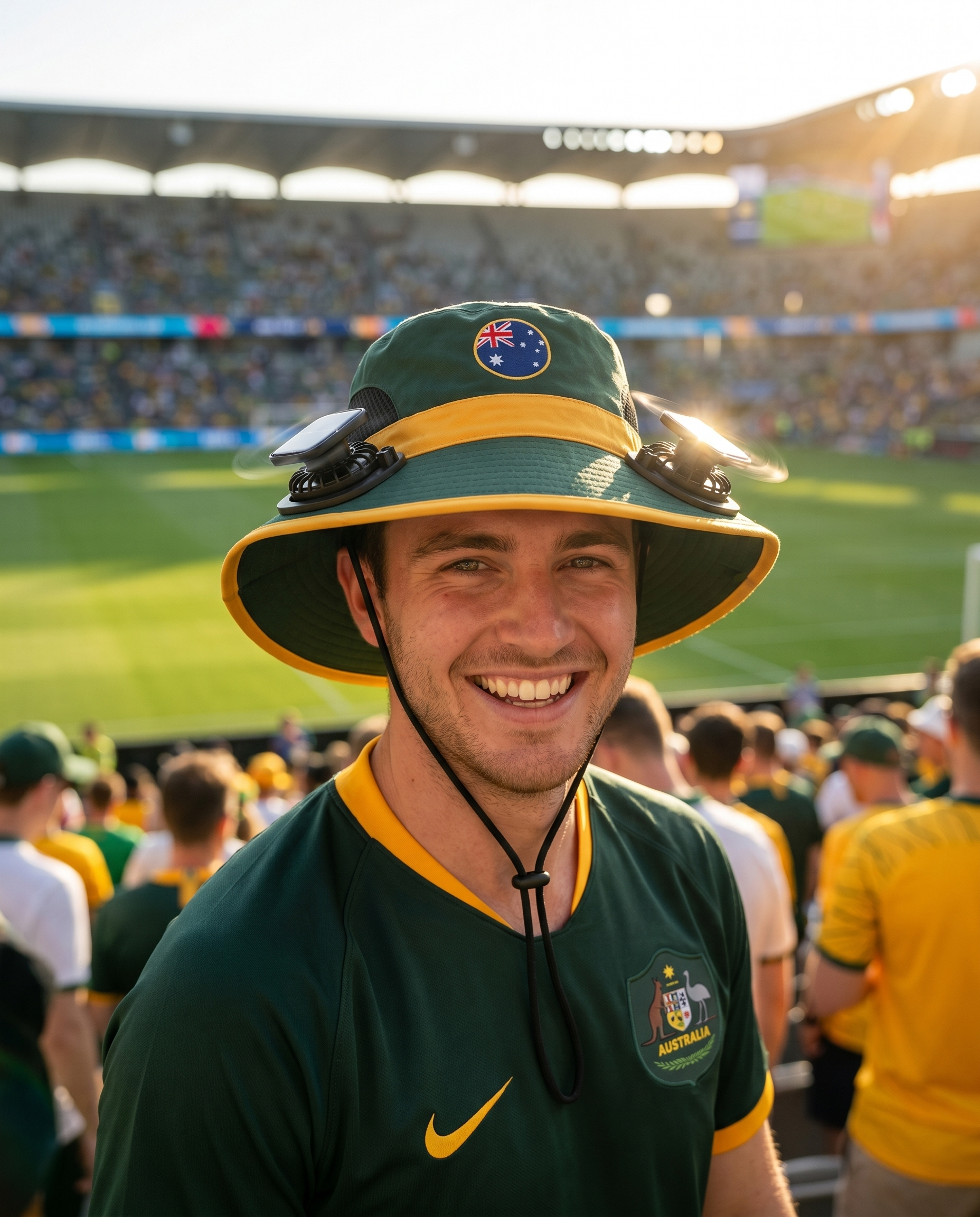 Man wearing the Australia solar cooling fan hat at a sunny World Cup fan zone