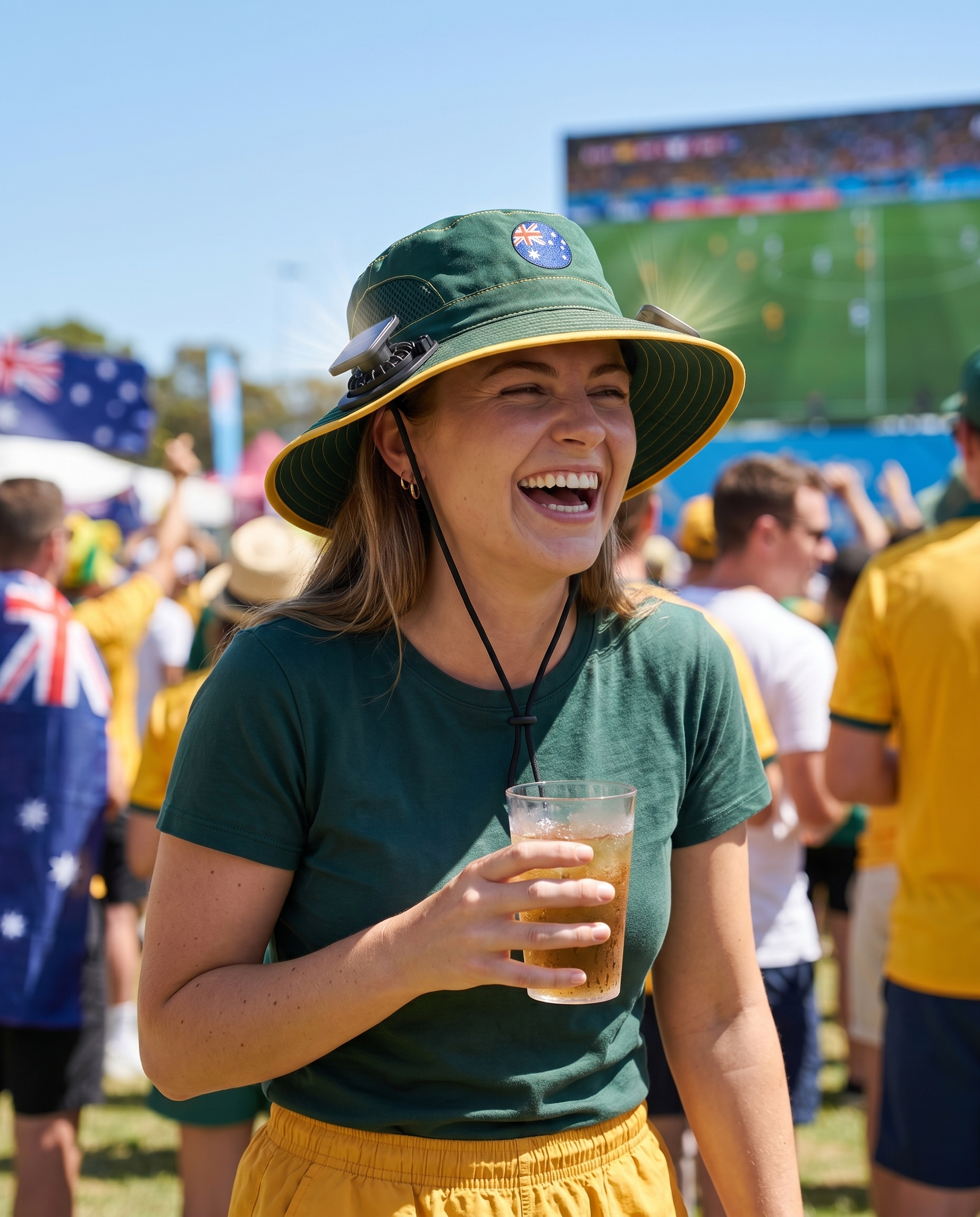 Woman wearing the Australia solar cooling fan hat at a sunny World Cup watch party