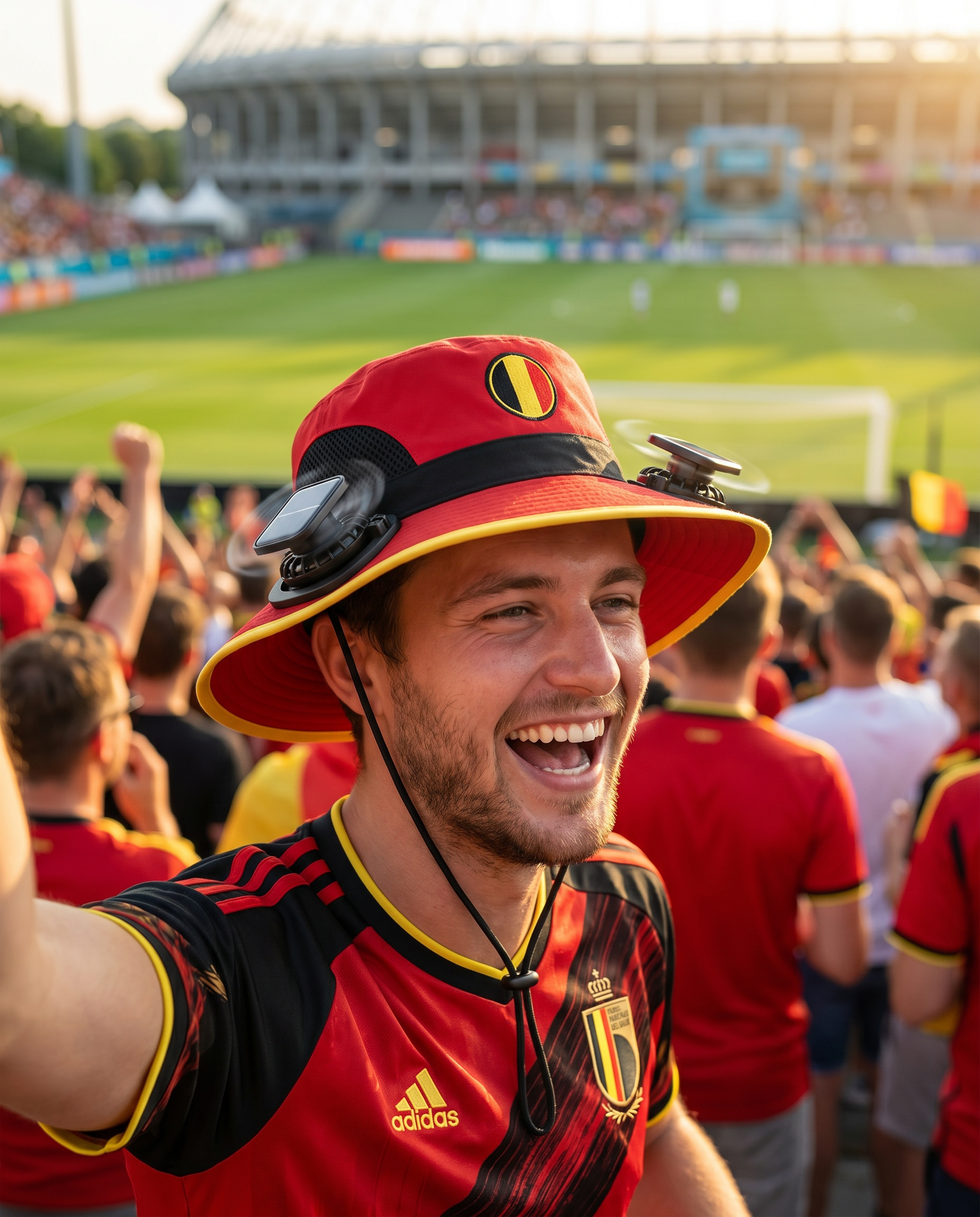 Man wearing the Belgium solar cooling fan hat at a sunny World Cup fan zone