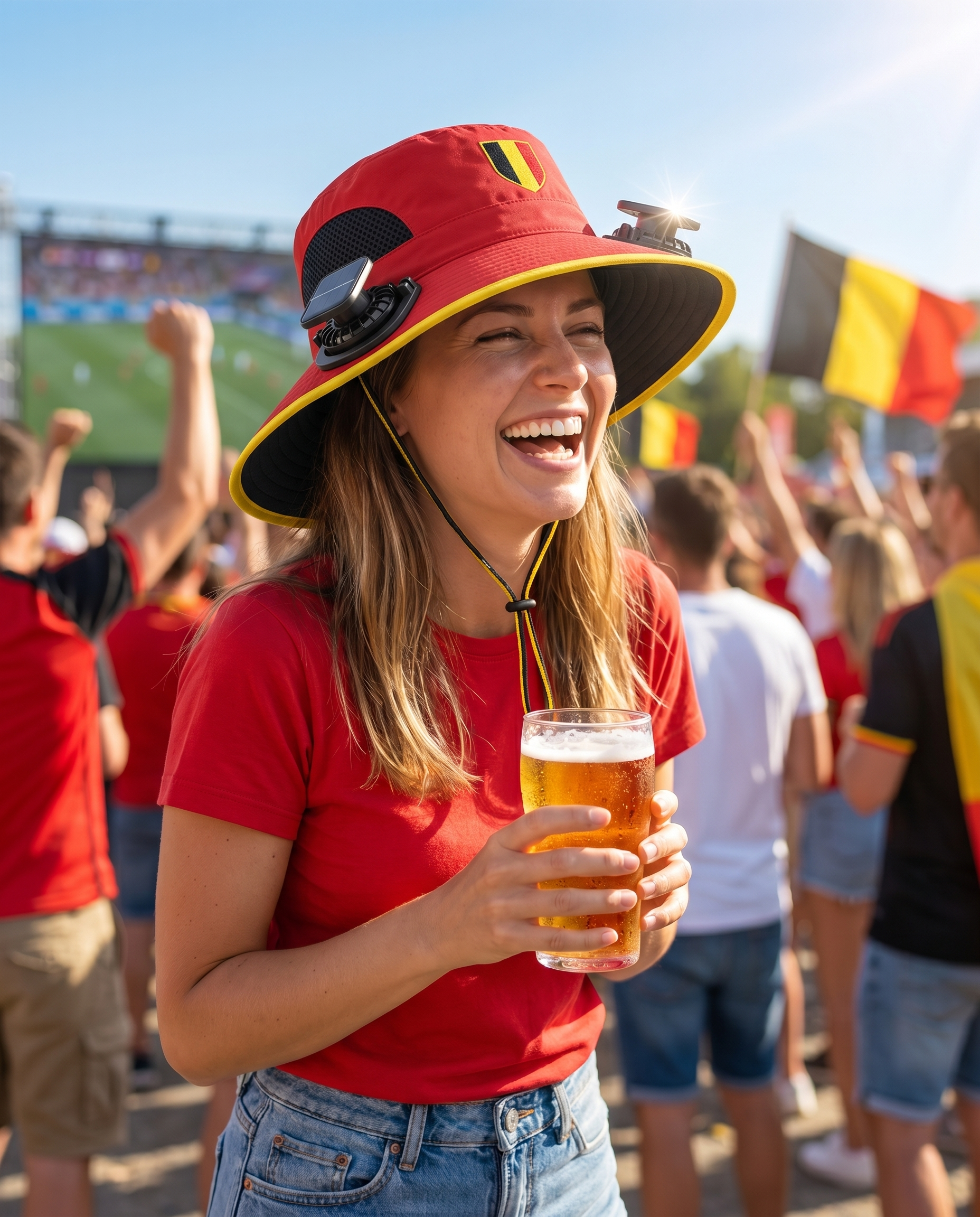 Woman wearing the Belgium solar cooling fan hat at a sunny World Cup watch party