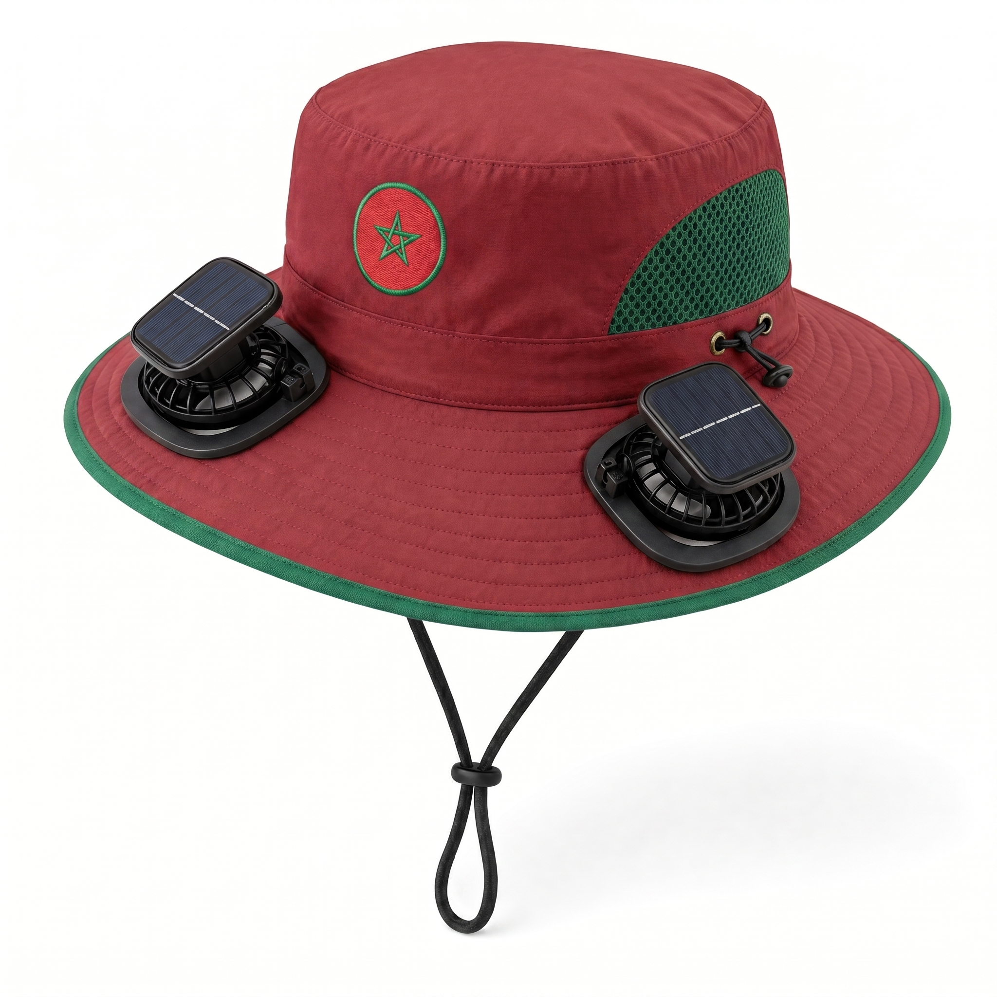 Morocco World Cup 2026 solar cooling fan hat in red and green with twin solar fans and flag crest, front view on white background