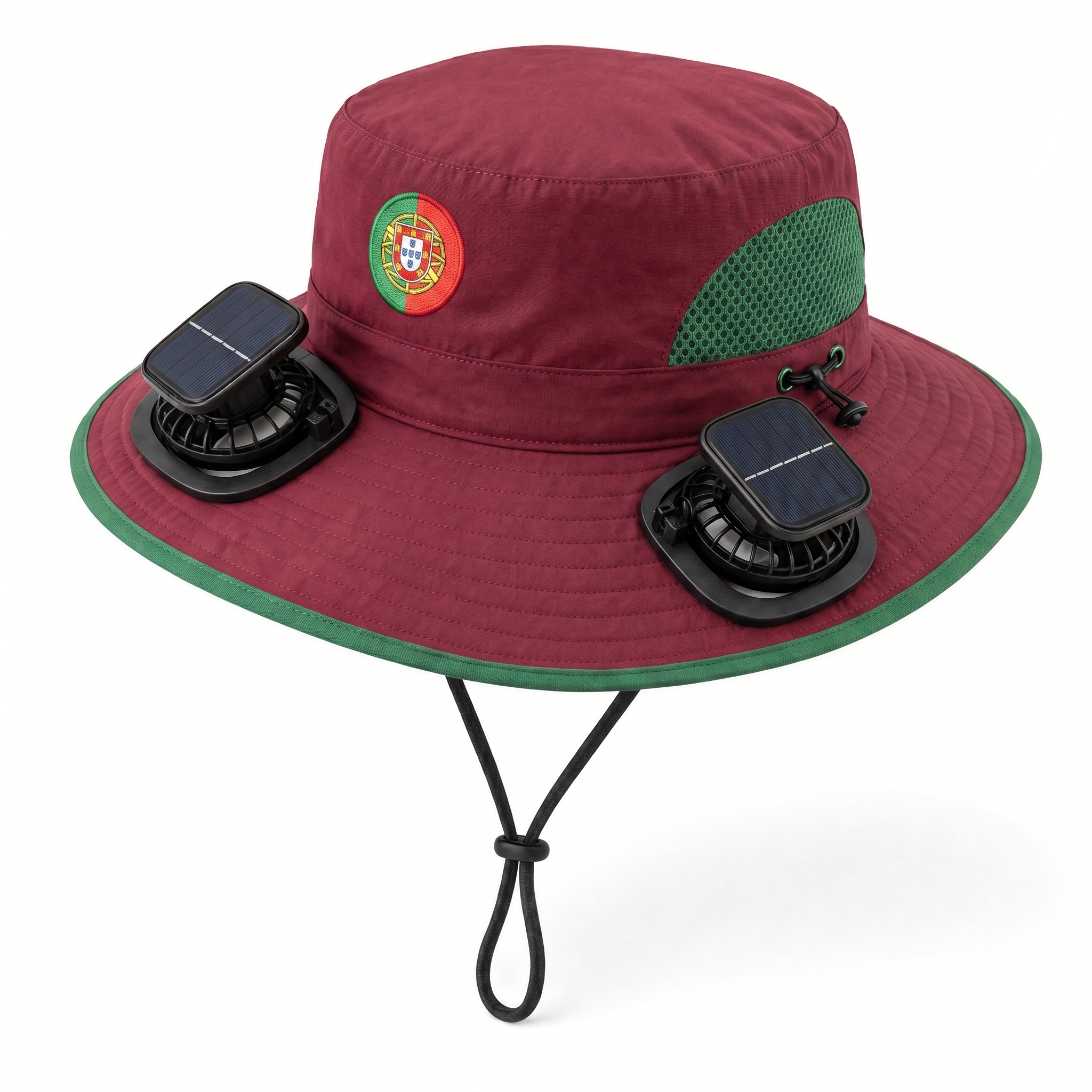 Portugal World Cup 2026 solar cooling fan hat in deep red and green with twin solar fans and flag crest, front view on white background