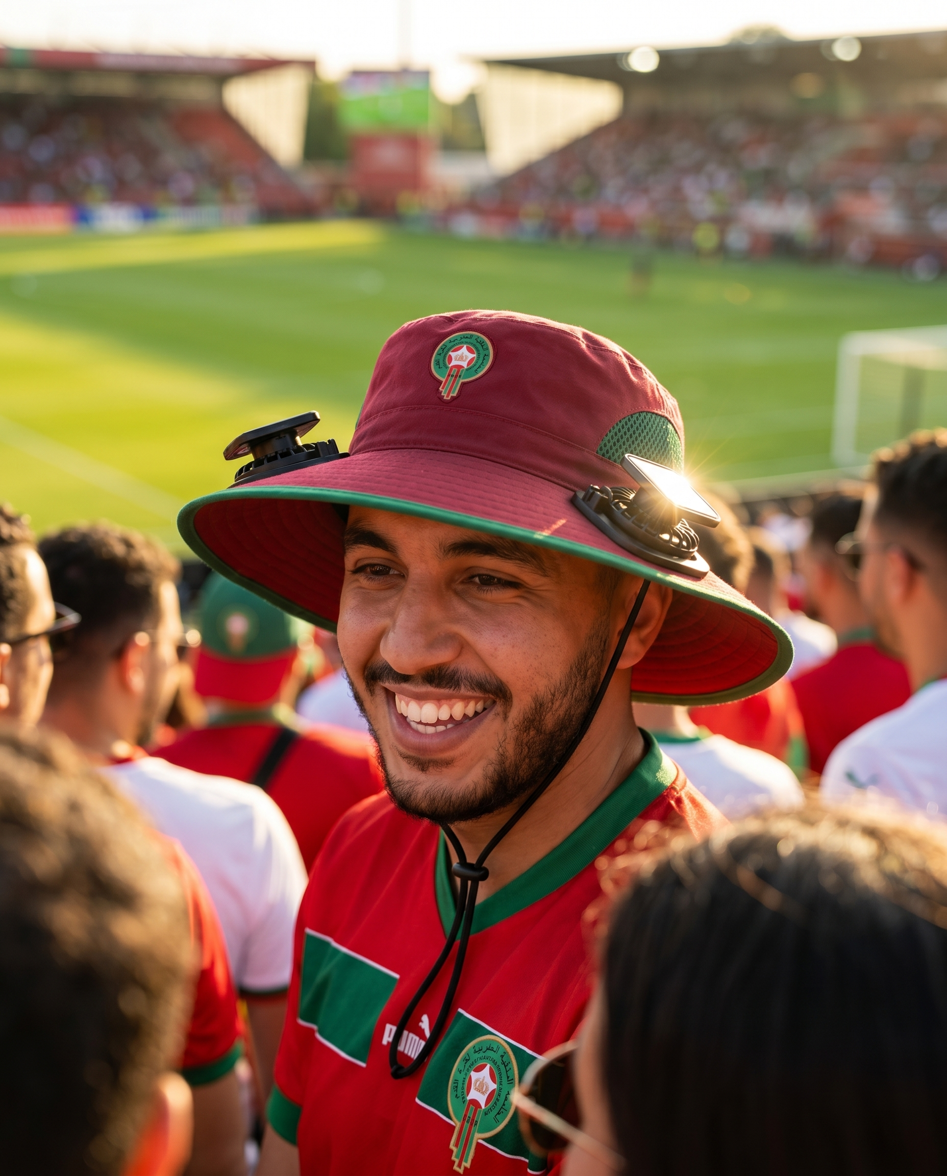 Man wearing the Morocco solar cooling fan hat at a sunny World Cup fan zone
