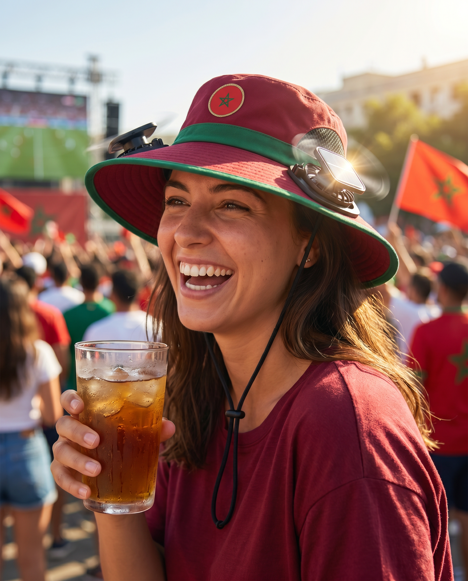 Woman wearing the Morocco solar cooling fan hat at a sunny World Cup watch party