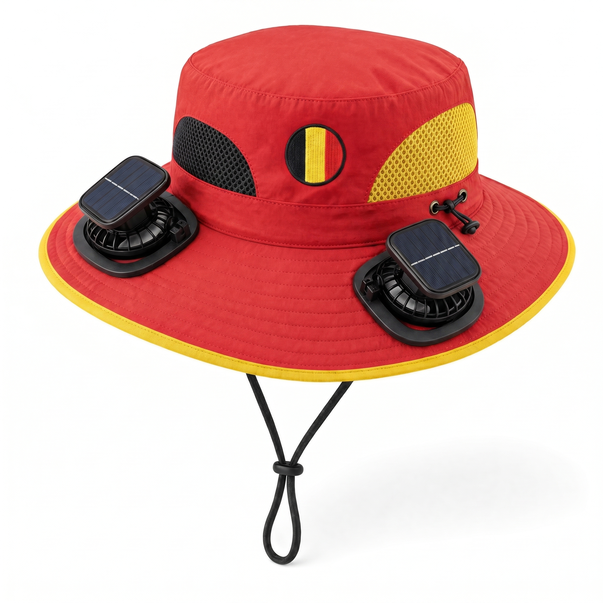 Belgium World Cup 2026 solar cooling fan hat in red, black and yellow with twin solar fans and flag crest, front view on white background