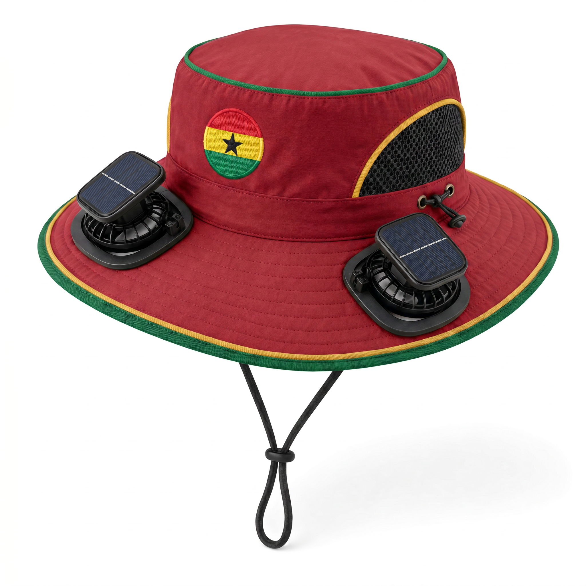 Ghana World Cup 2026 solar cooling fan hat in red, gold and green with twin solar fans and flag crest, front view on white background