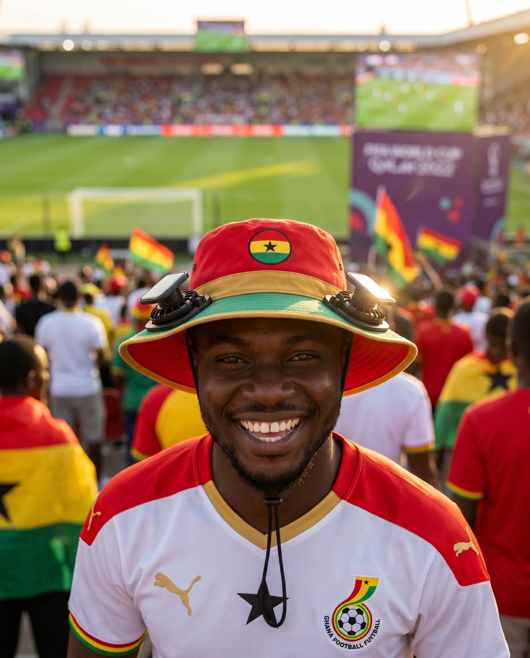 Man wearing the Ghana solar cooling fan hat at a sunny World Cup fan zone