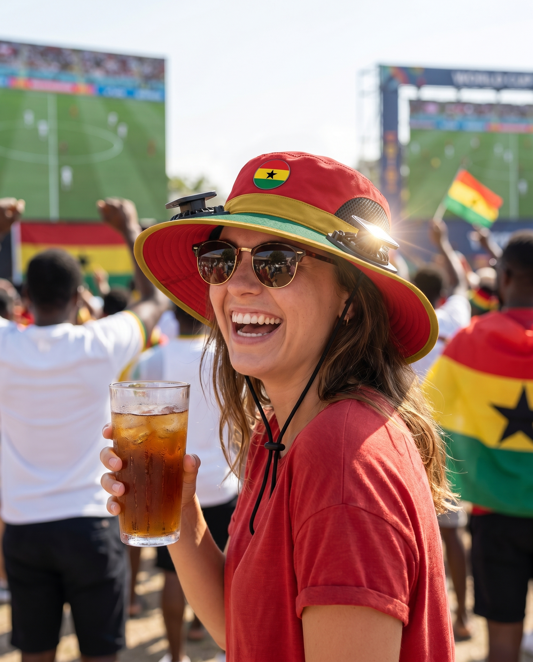 Woman wearing the Ghana solar cooling fan hat at a sunny World Cup watch party