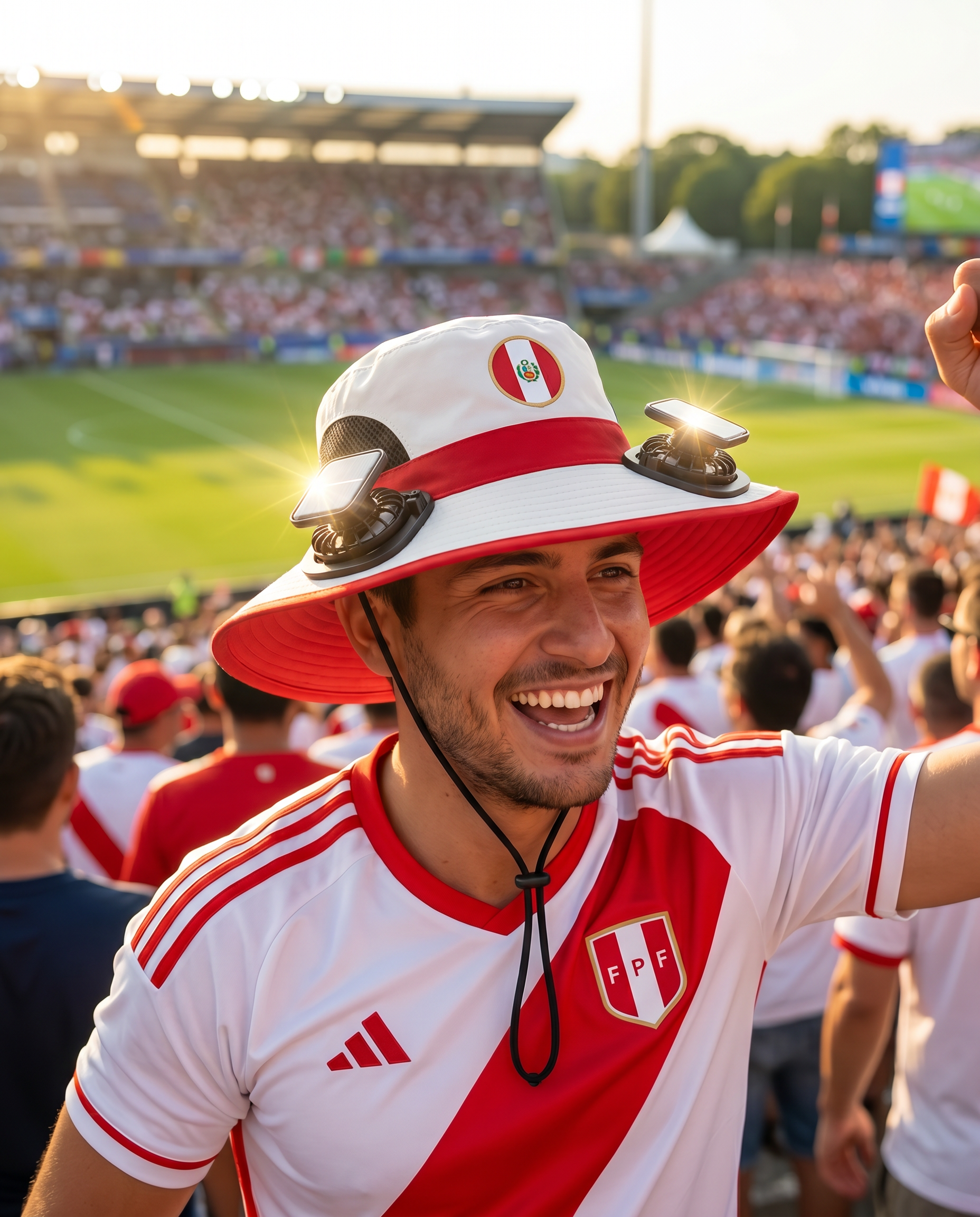 Man wearing the Peru solar cooling fan hat at a sunny World Cup fan zone