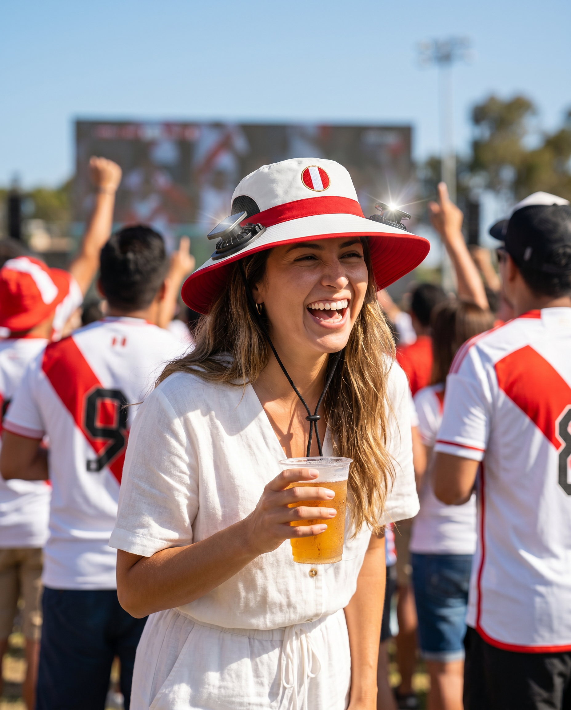 Woman wearing the Peru solar cooling fan hat at a sunny World Cup watch party