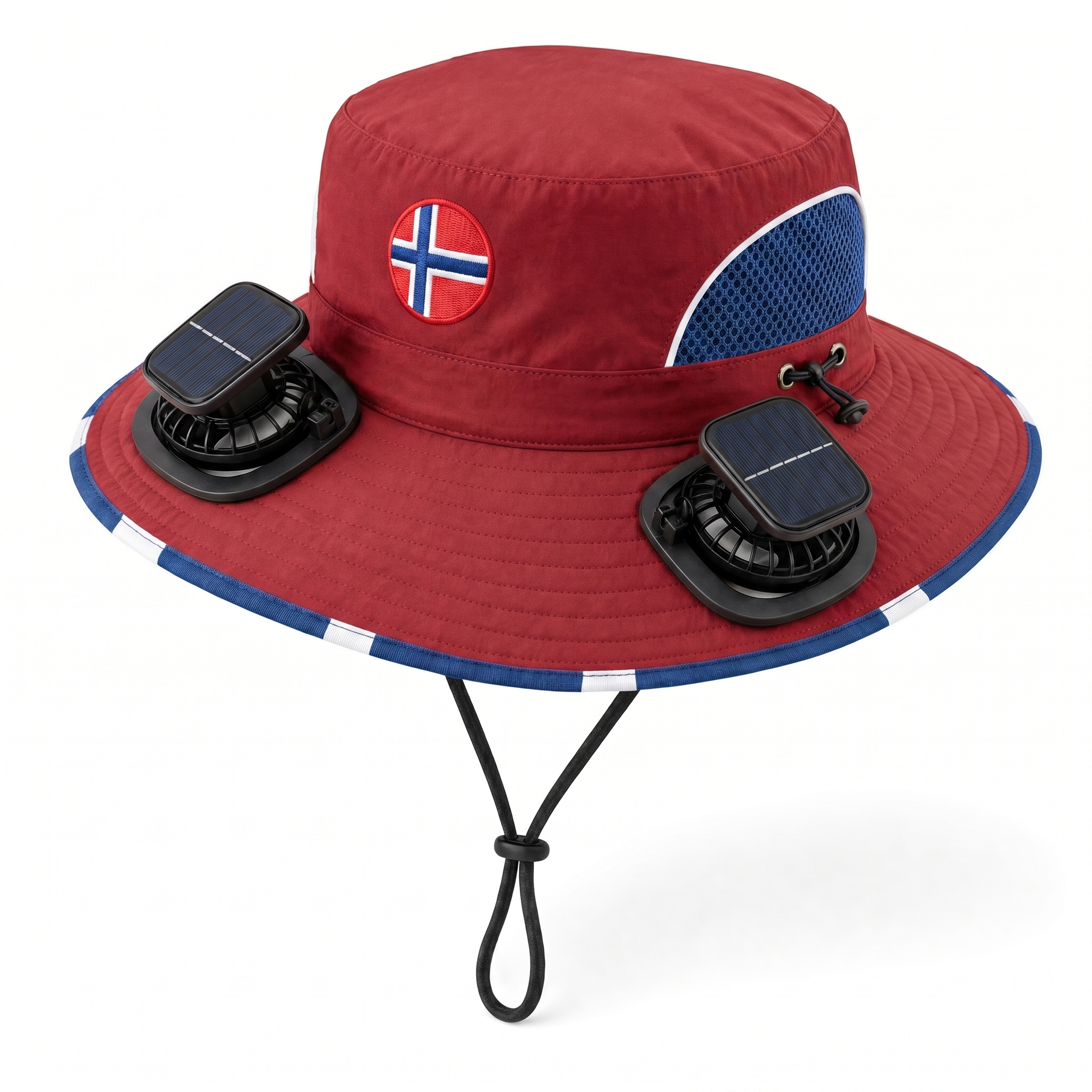 Norway World Cup 2026 solar cooling fan hat in red, white and blue with twin solar fans and flag crest, front view on white background