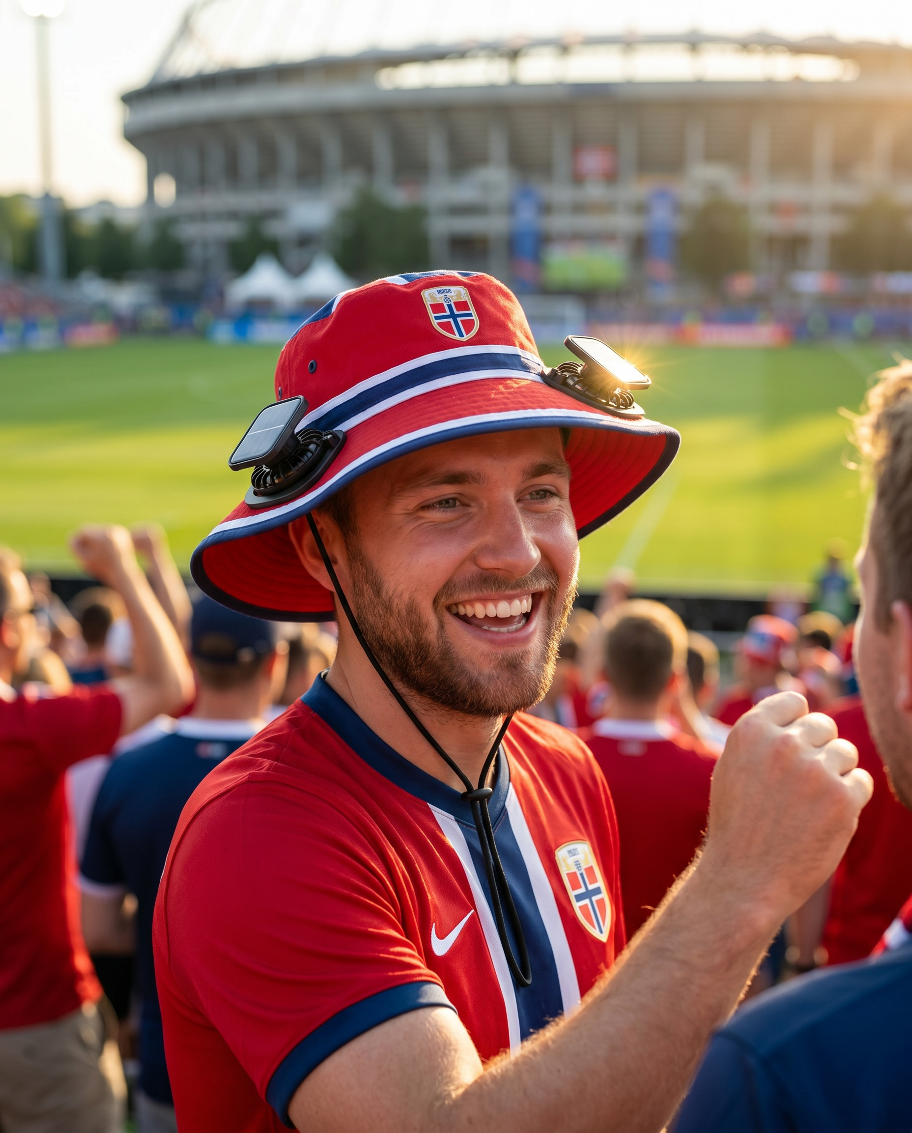 Man wearing the Norway solar cooling fan hat at a sunny World Cup fan zone
