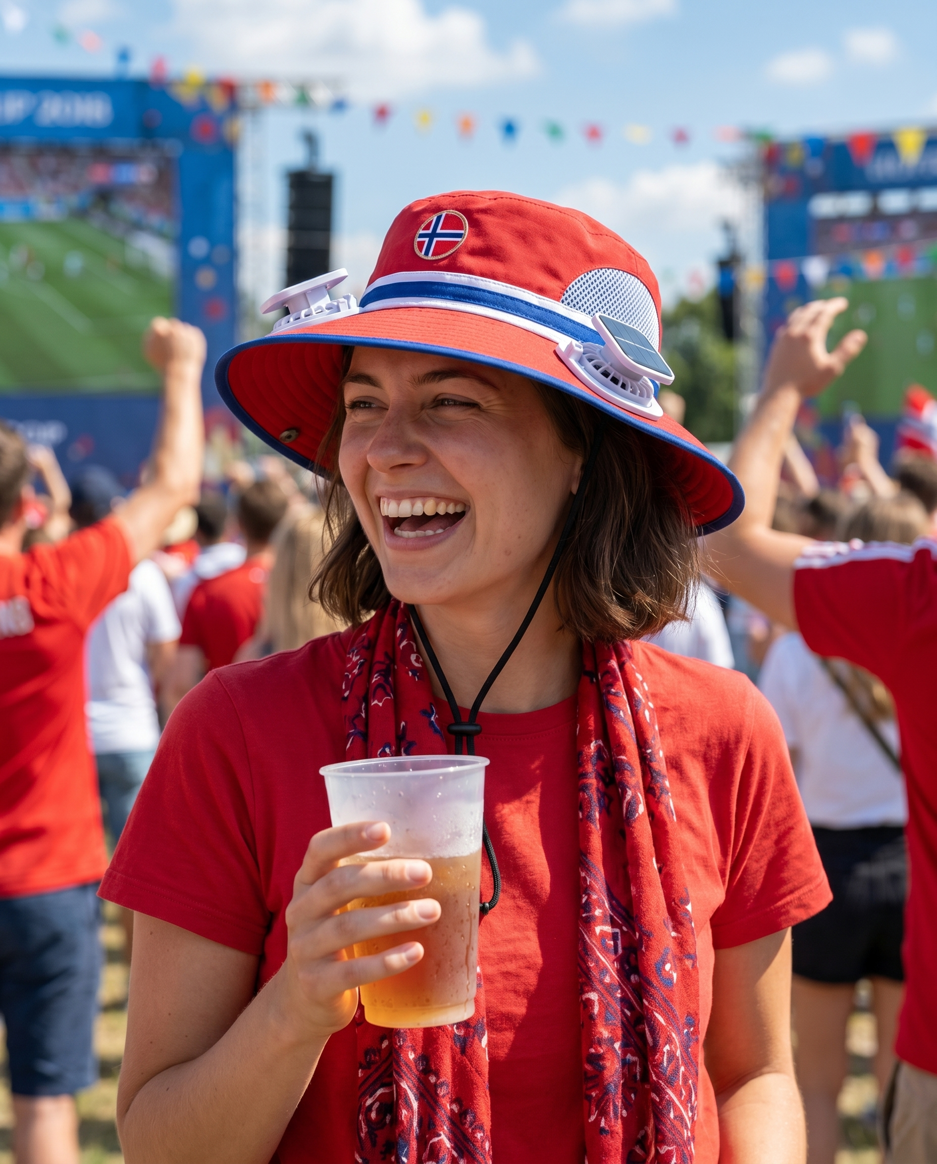 Woman wearing the Norway solar cooling fan hat at a sunny World Cup watch party