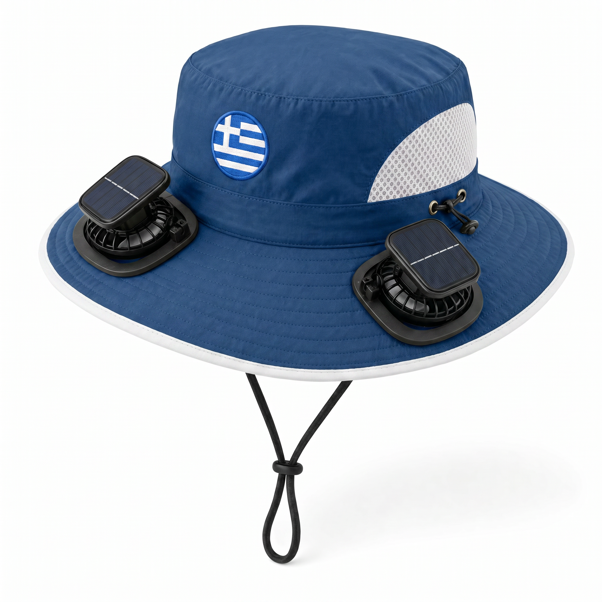 Greece World Cup 2026 solar cooling fan hat in blue and white with twin solar fans and flag crest, front view on white background