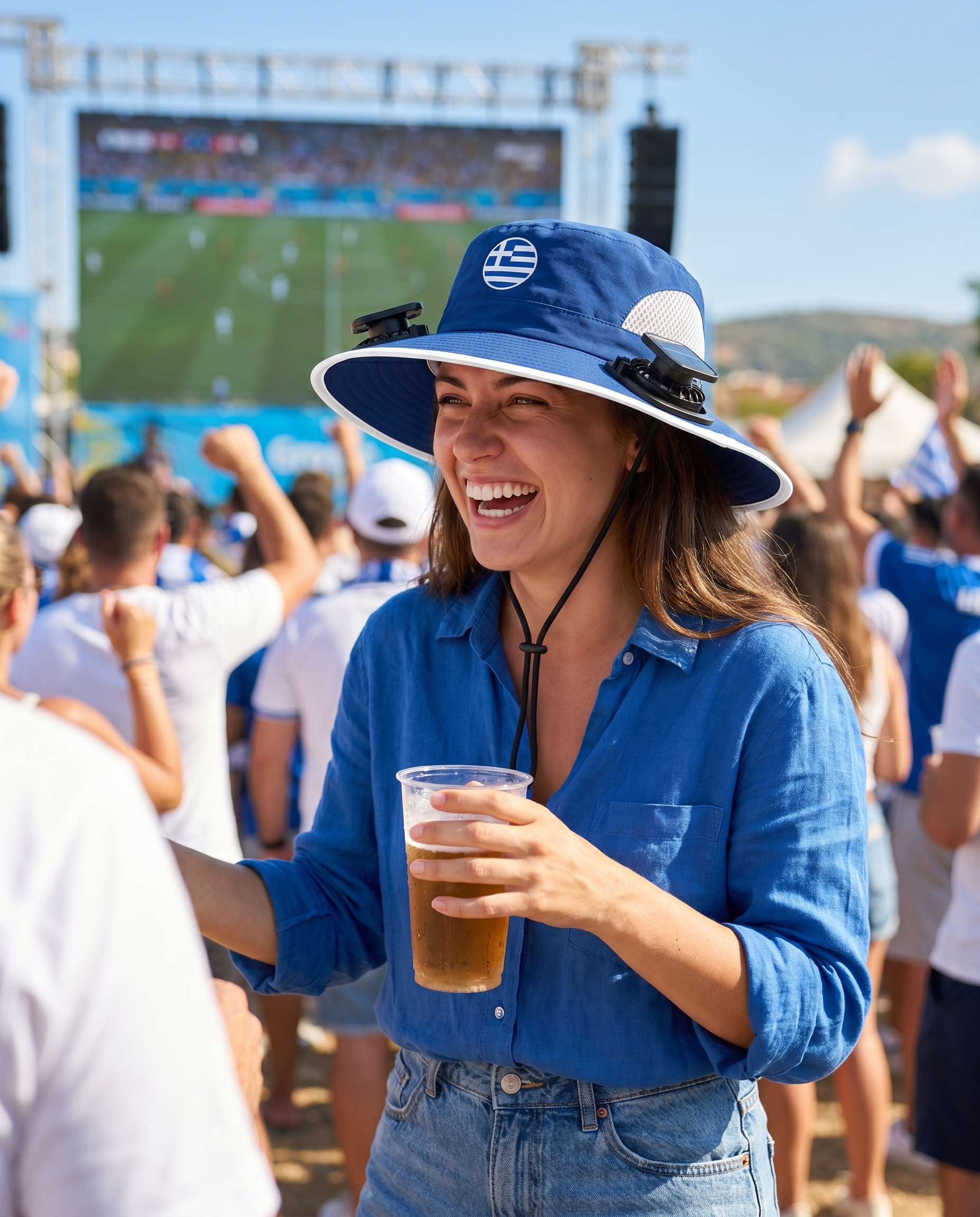 Woman wearing the Greece solar cooling fan hat at a sunny World Cup watch party