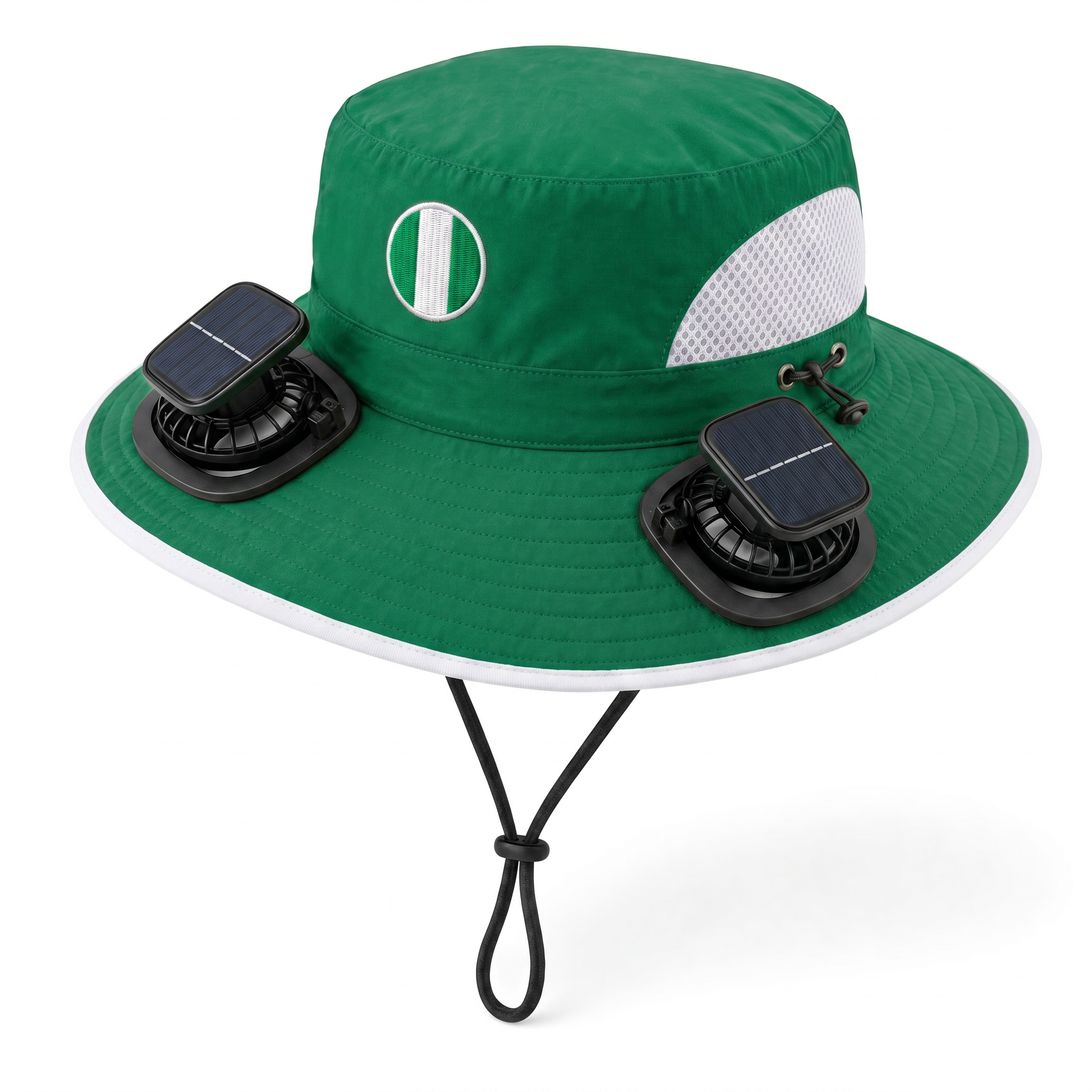 Nigeria World Cup 2026 solar cooling fan hat in green and white with twin solar fans and flag crest, front view on white background
