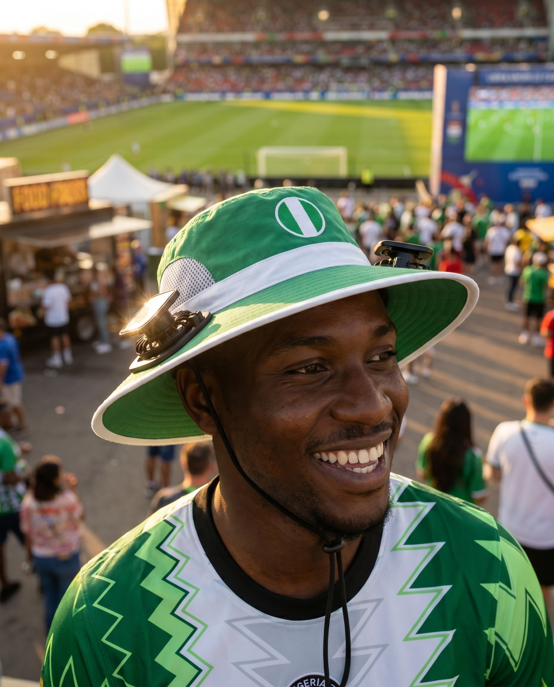 Man wearing the Nigeria solar cooling fan hat at a sunny World Cup fan zone