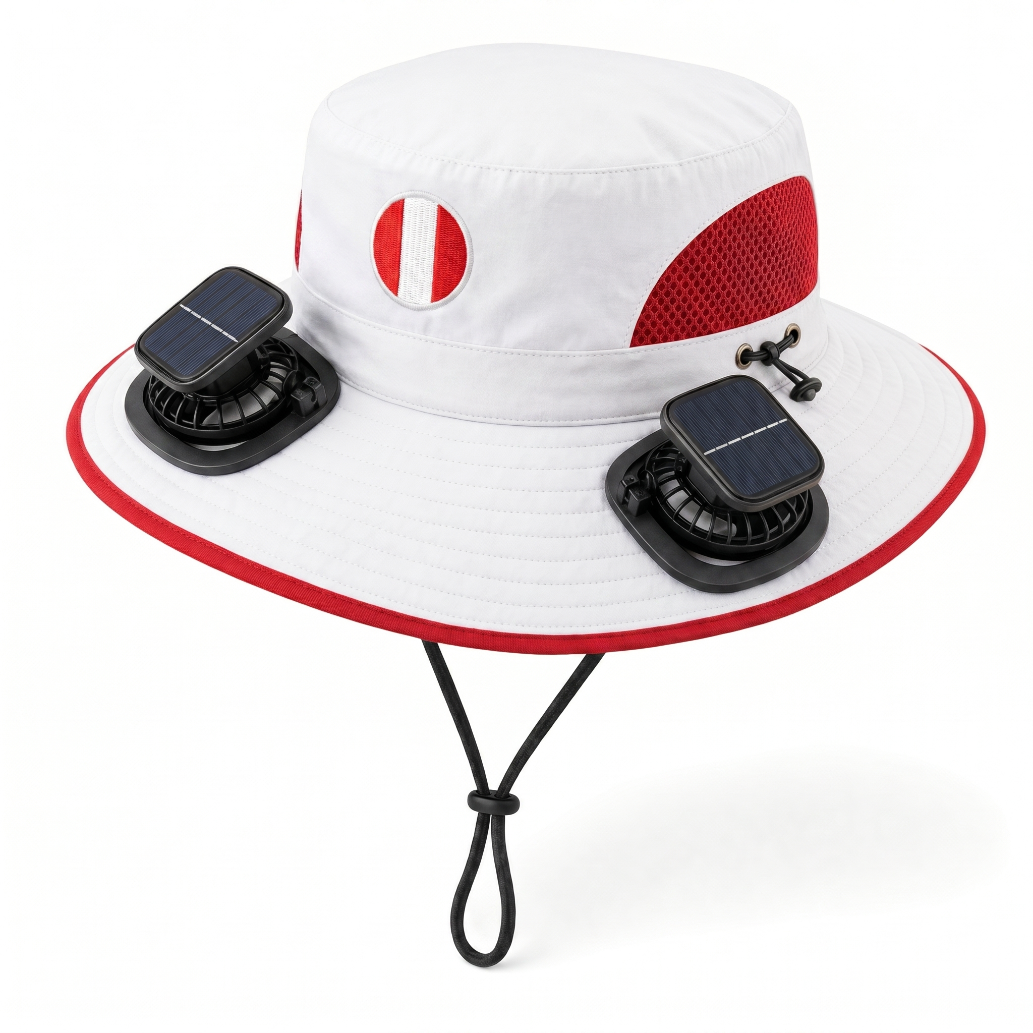 Peru World Cup 2026 solar cooling fan hat in red and white with twin solar fans and flag crest, front view on white background