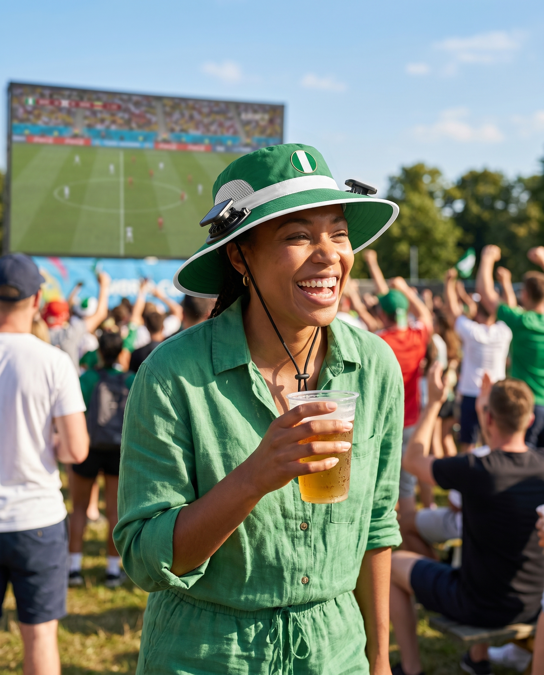 Woman wearing the Nigeria solar cooling fan hat at a sunny World Cup watch party