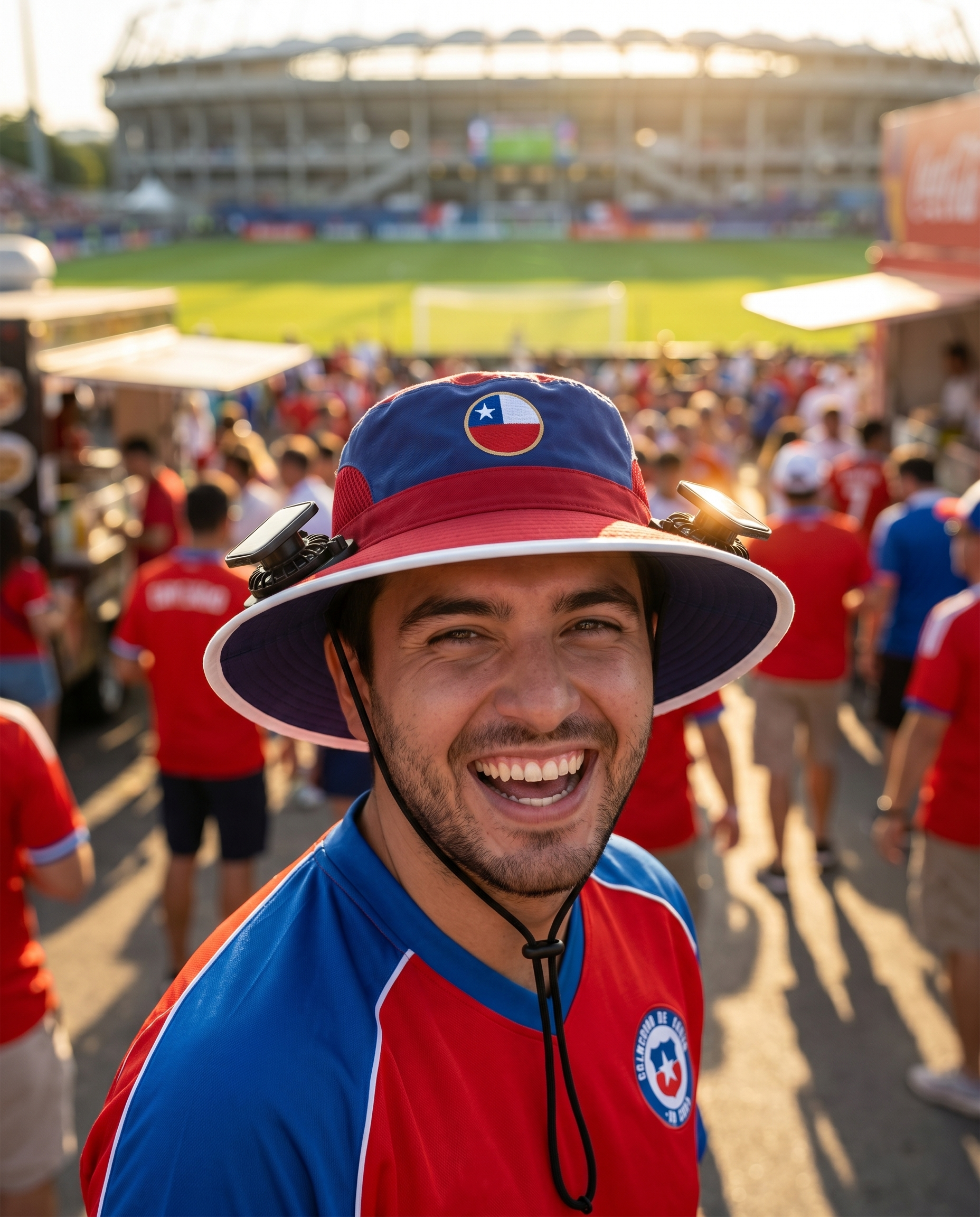 Man wearing the Chile solar cooling fan hat at a sunny World Cup fan zone