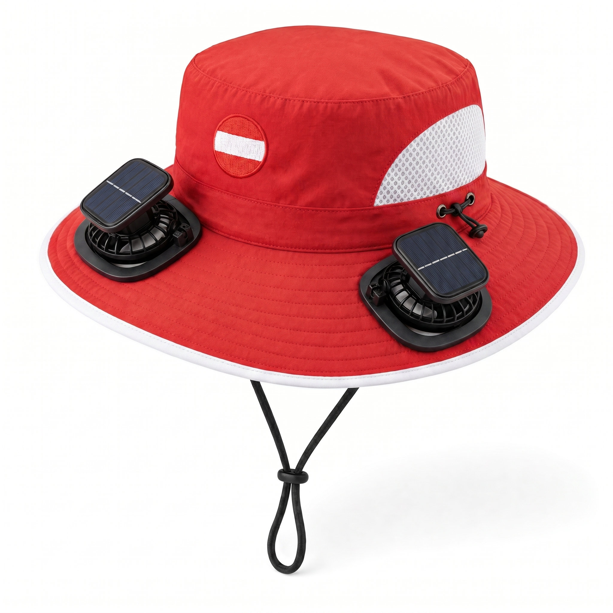 Austria World Cup 2026 solar cooling fan hat in red and white with twin solar fans and flag crest, front view on white background