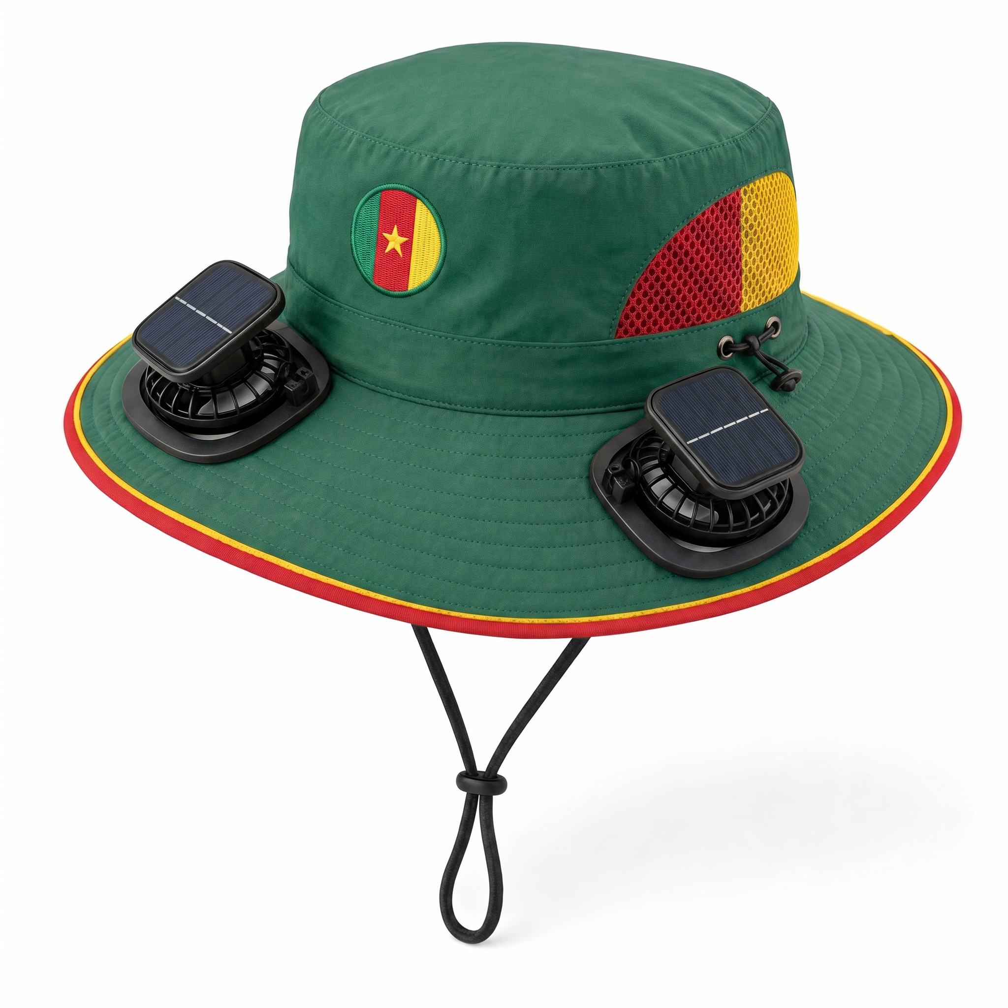 Cameroon World Cup 2026 solar cooling fan hat in green, red and yellow with twin solar fans and flag crest, front view on white background