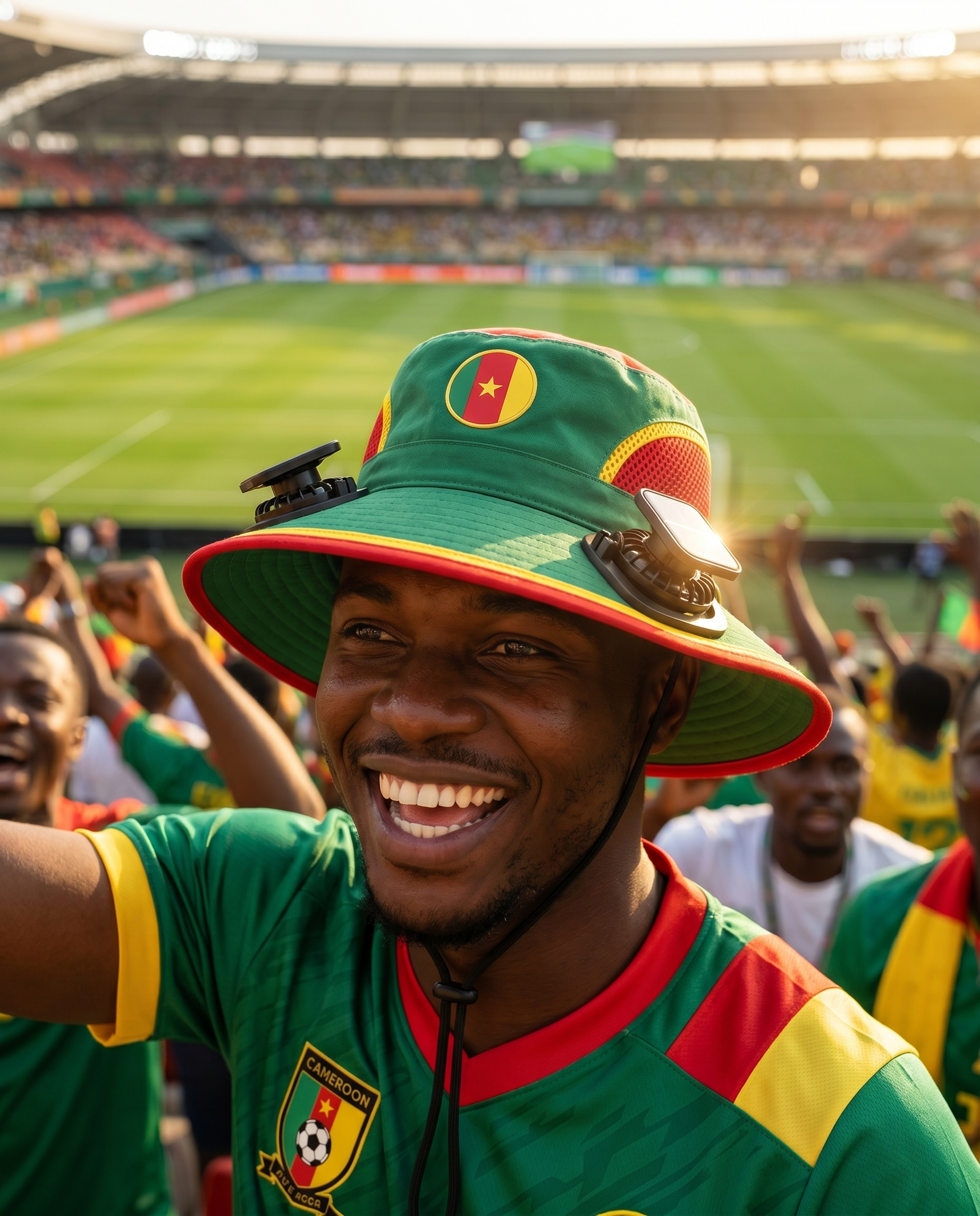 Man wearing the Cameroon solar cooling fan hat at a sunny World Cup fan zone