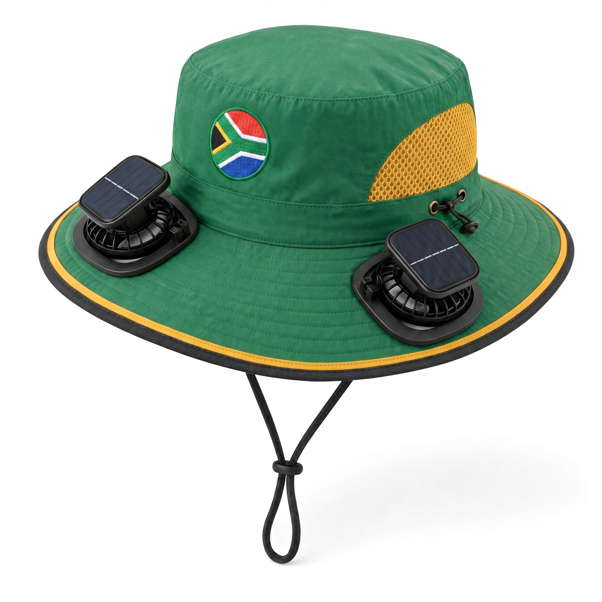 South Africa World Cup 2026 solar cooling fan hat in green, gold and black with twin solar fans and flag crest, front view on white background