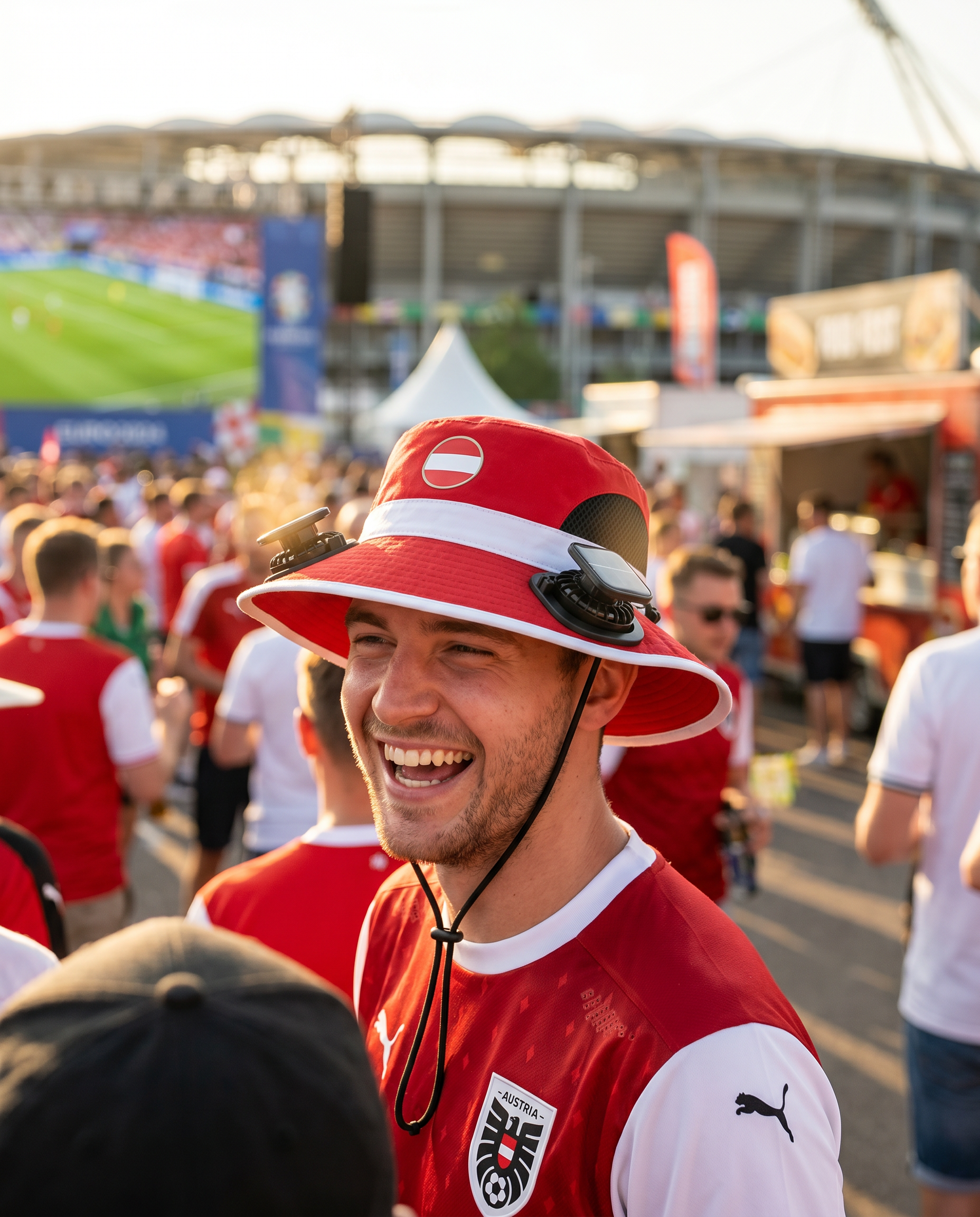 Man wearing the Austria solar cooling fan hat at a sunny World Cup fan zone