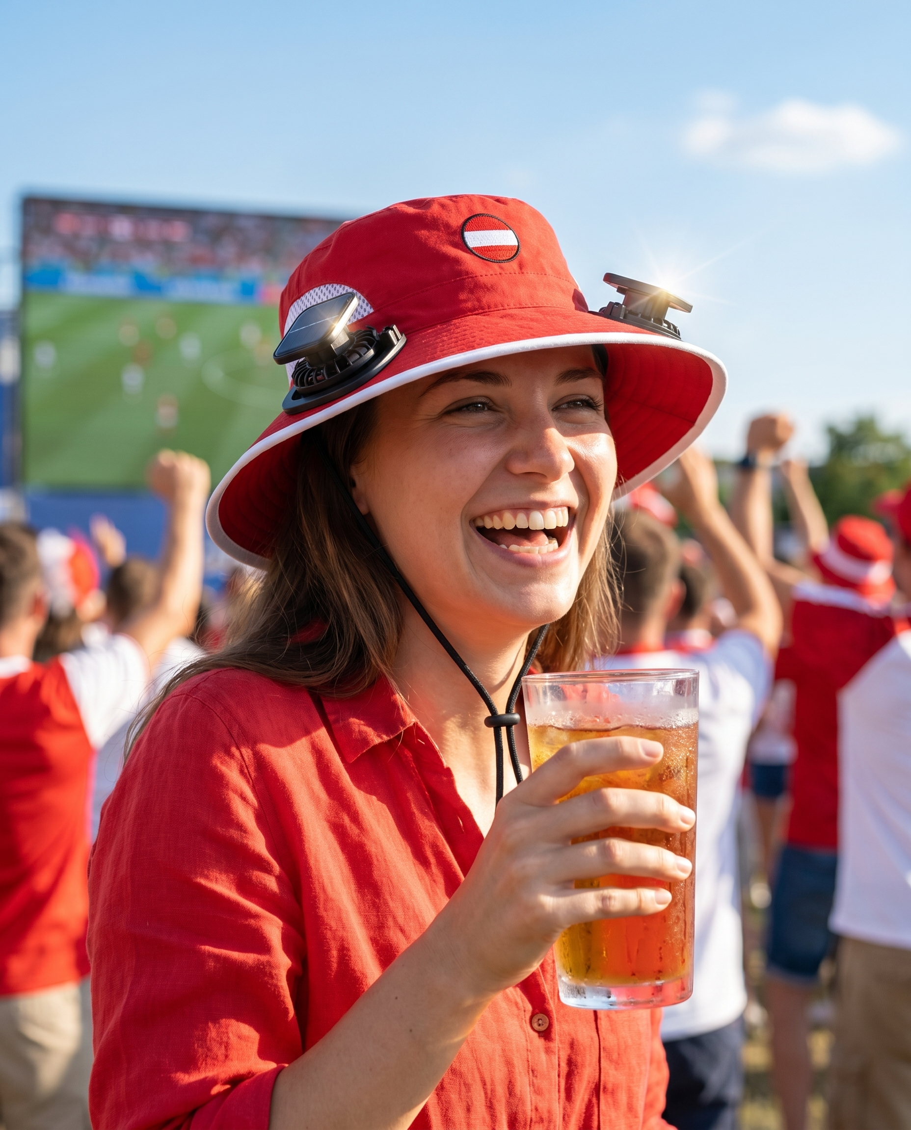 Woman wearing the Austria solar cooling fan hat at a sunny World Cup watch party