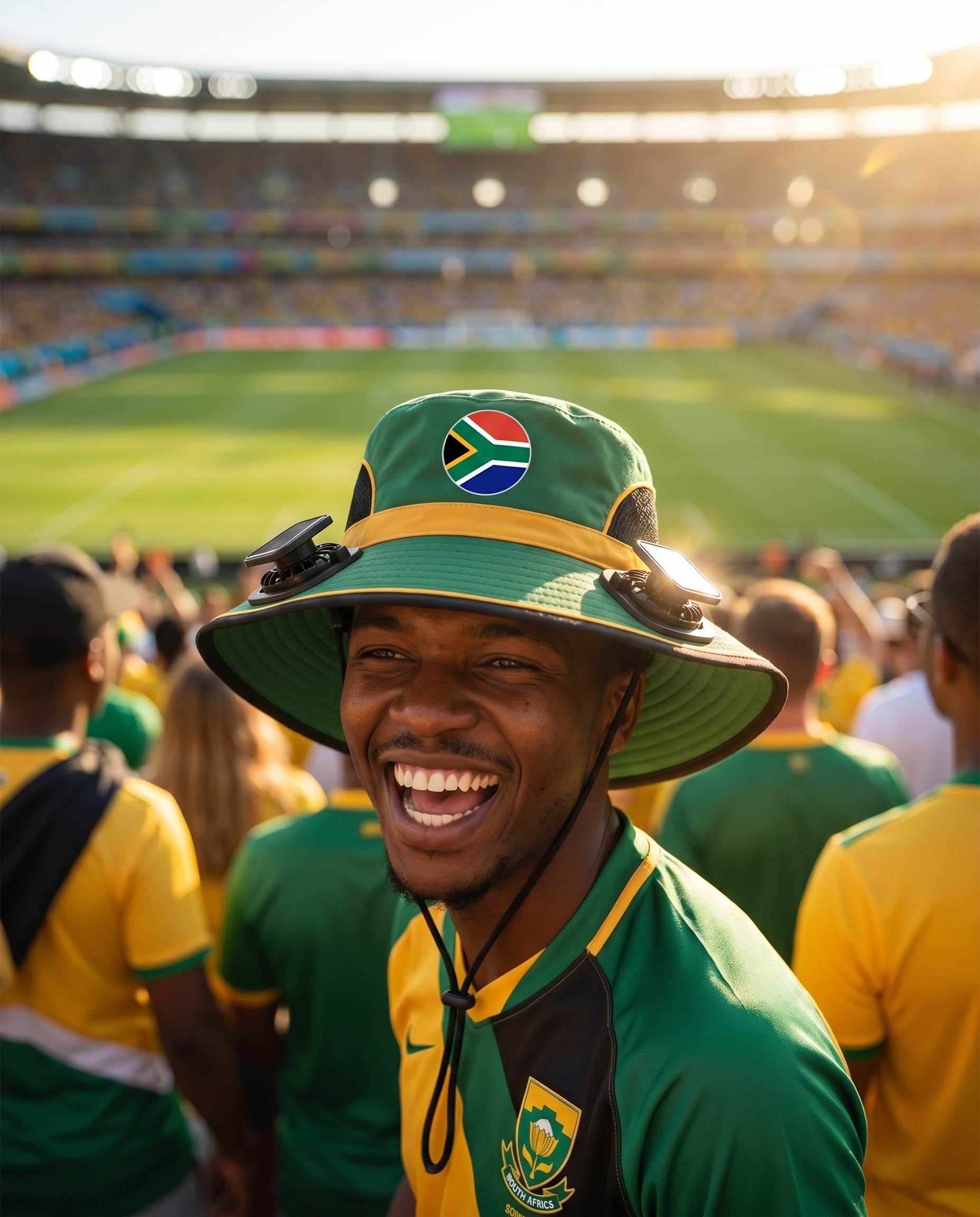 Man wearing the South Africa solar cooling fan hat at a sunny World Cup fan zone