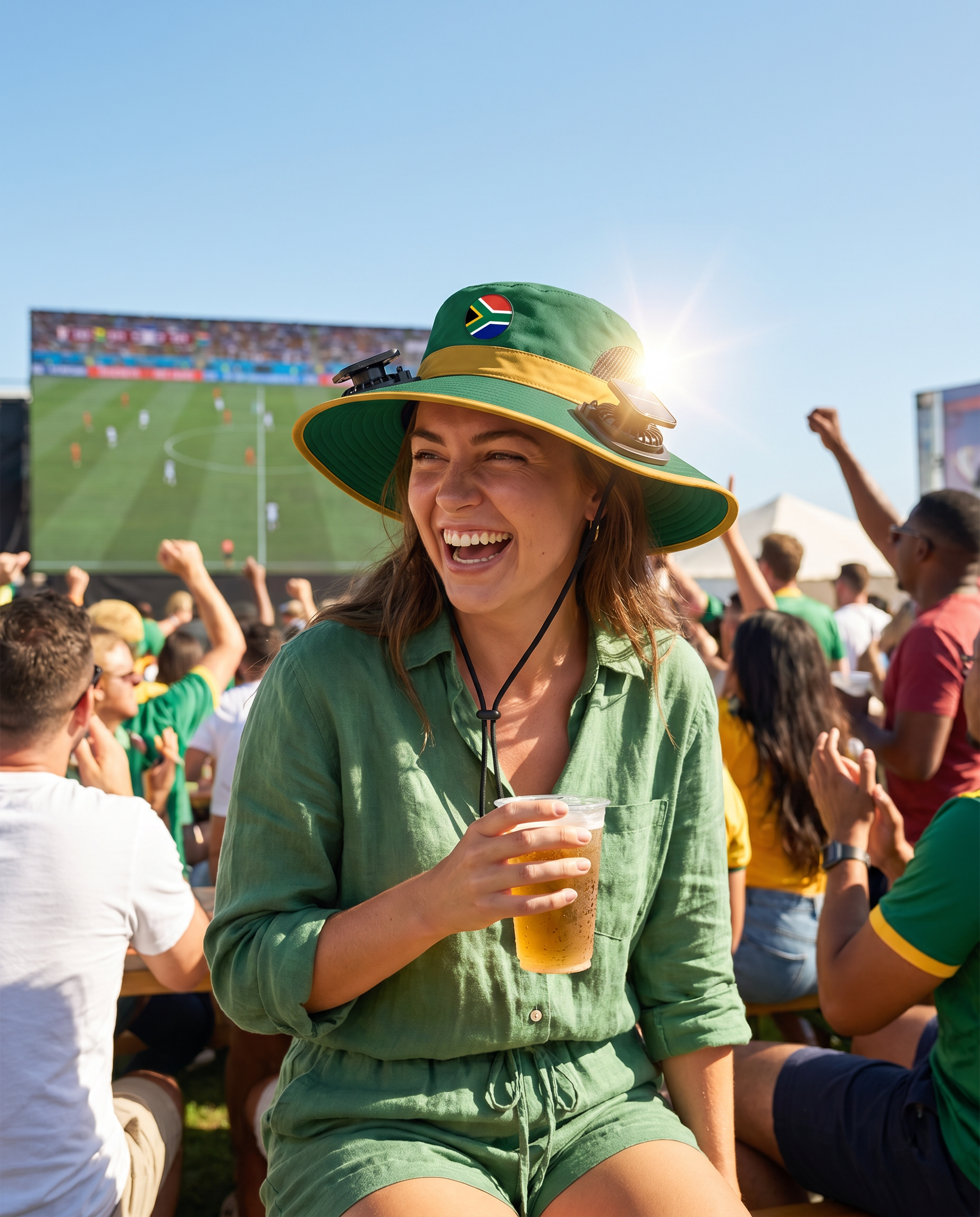 Woman wearing the South Africa solar cooling fan hat at a sunny World Cup watch party