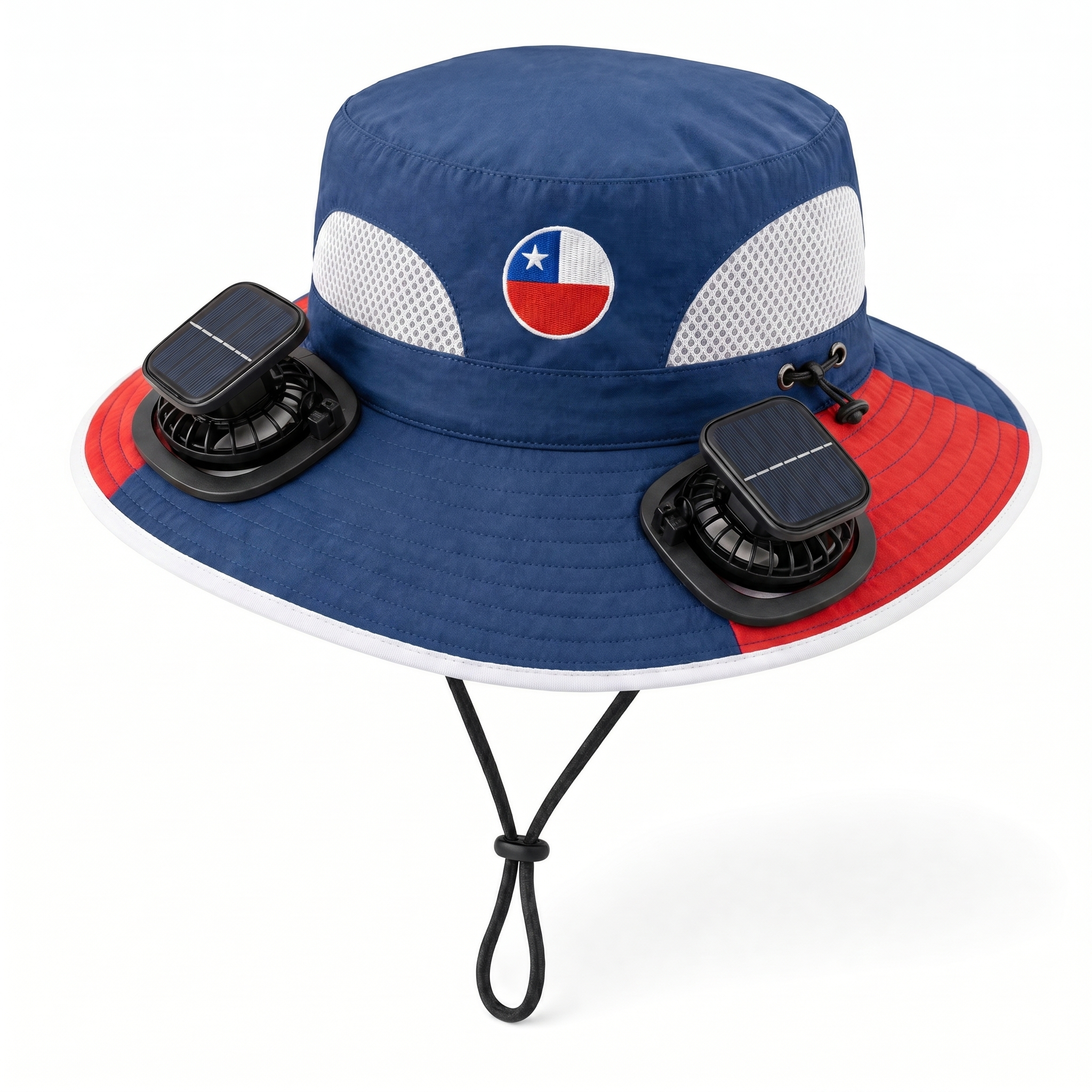 Chile World Cup 2026 solar cooling fan hat in blue, white and red with twin solar fans and flag crest, front view on white background