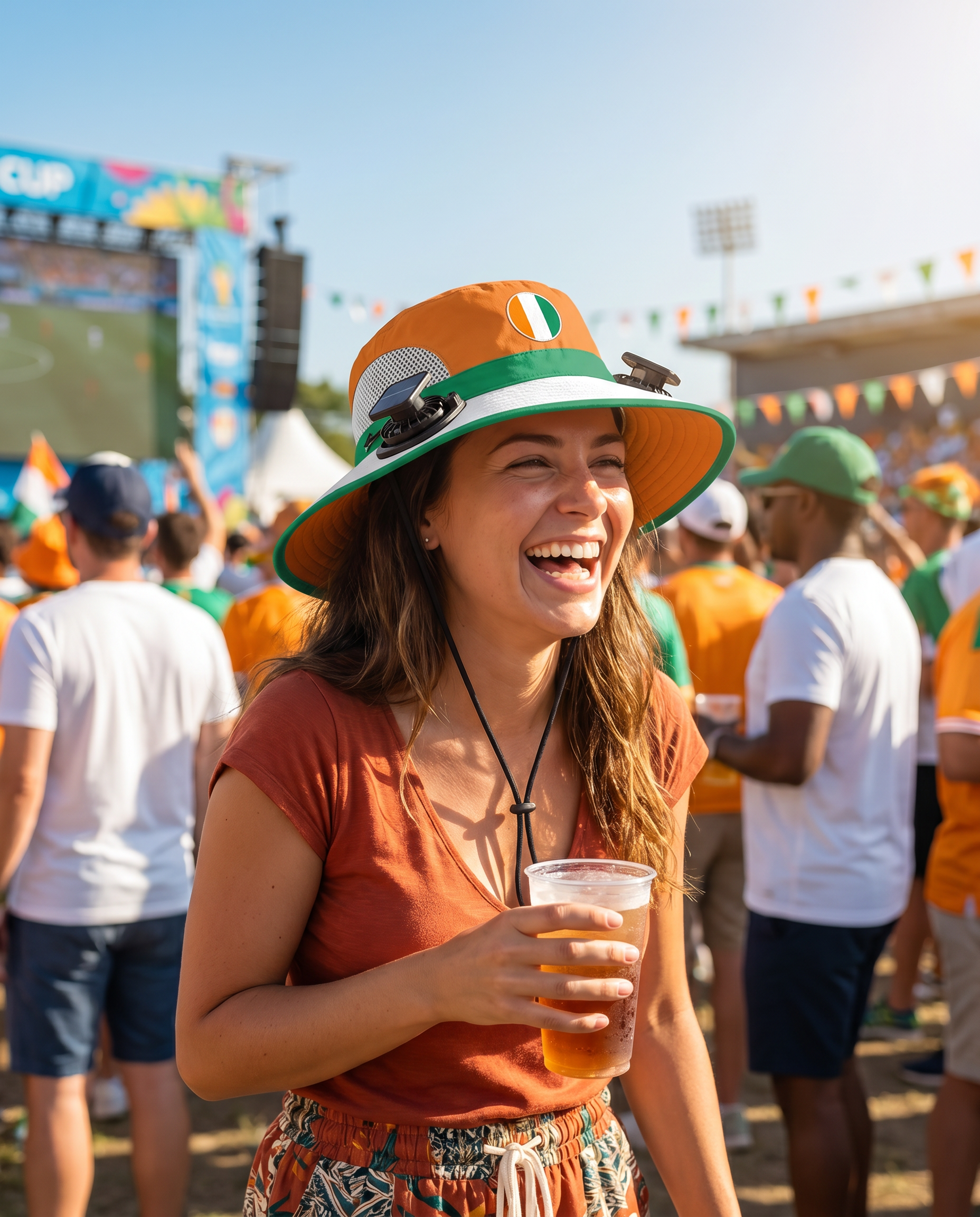 Woman wearing the Ivory Coast solar cooling fan hat at a sunny World Cup watch party
