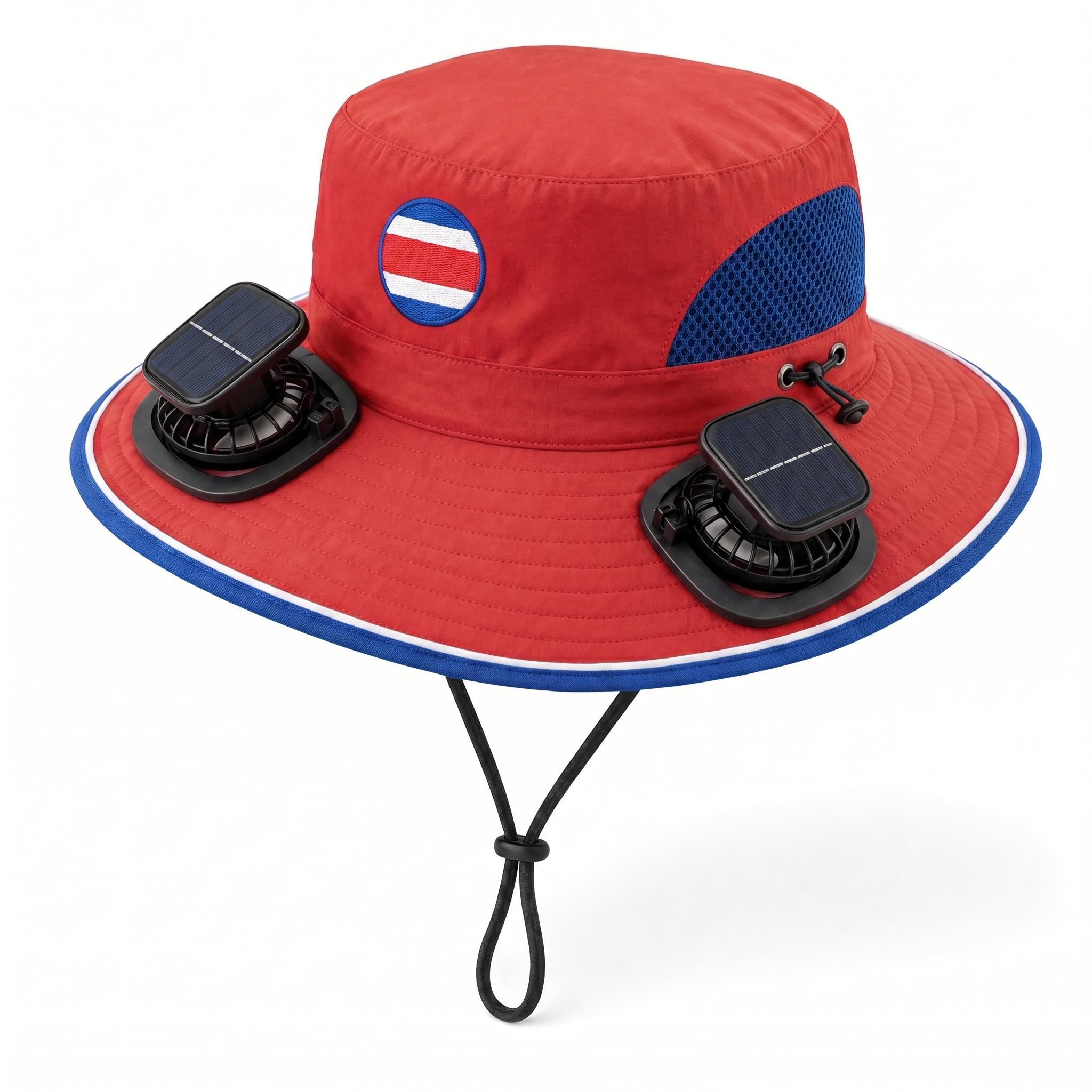Costa Rica World Cup 2026 solar cooling fan hat in red, blue and white with twin solar fans and flag crest, front view on white background