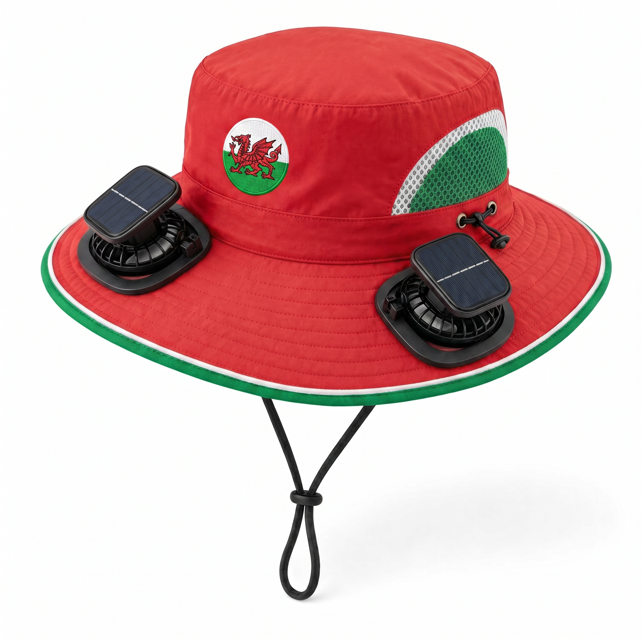 Wales World Cup 2026 solar cooling fan hat in red, green and white with twin solar fans and flag crest, front view on white background