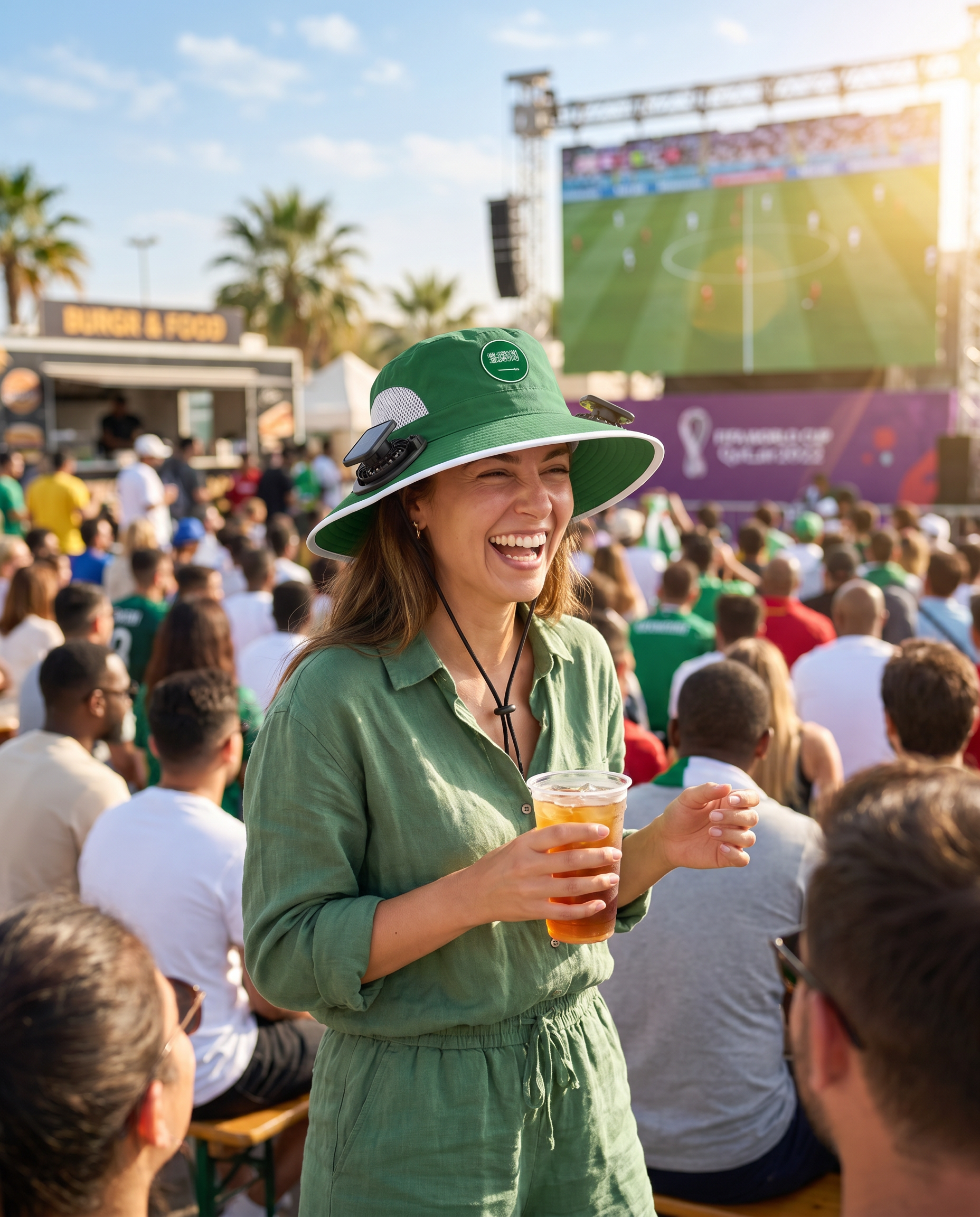 Woman wearing the Saudi Arabia solar cooling fan hat at a sunny World Cup watch party