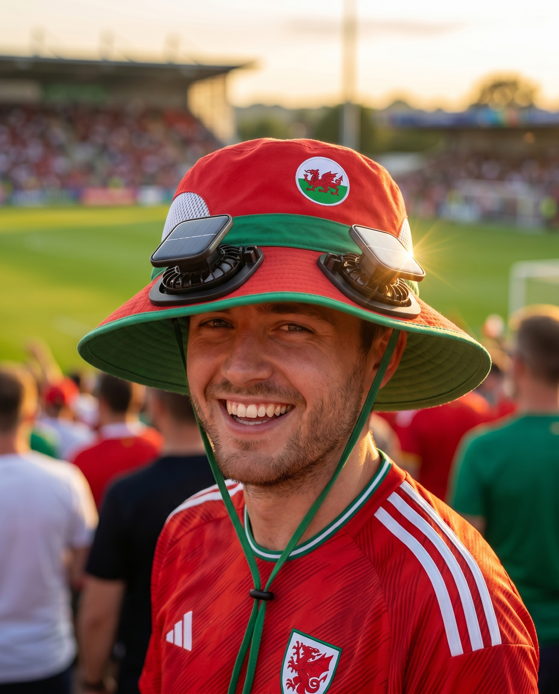 Man wearing the Wales solar cooling fan hat at a sunny World Cup fan zone