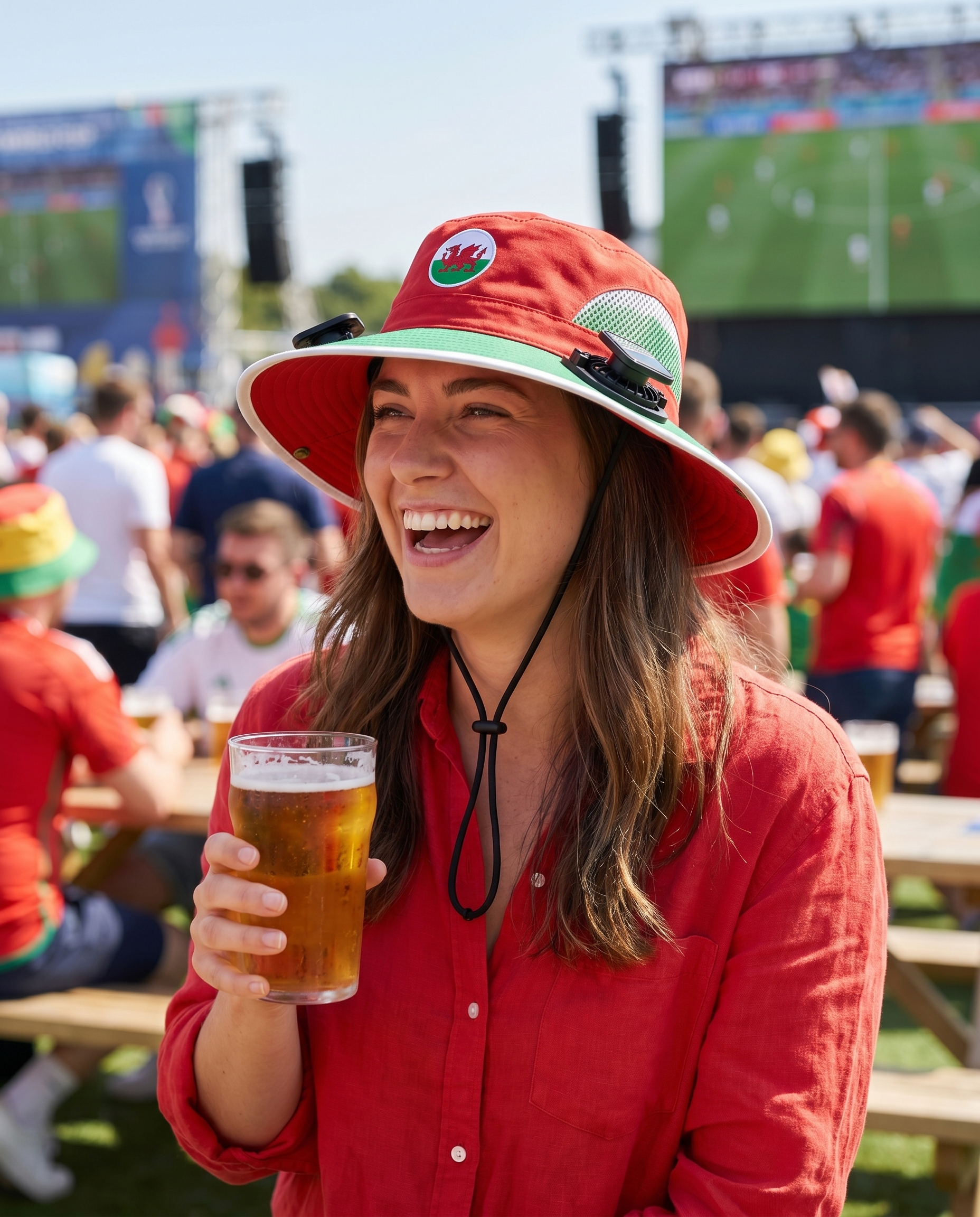 Woman wearing the Wales solar cooling fan hat at a sunny World Cup watch party