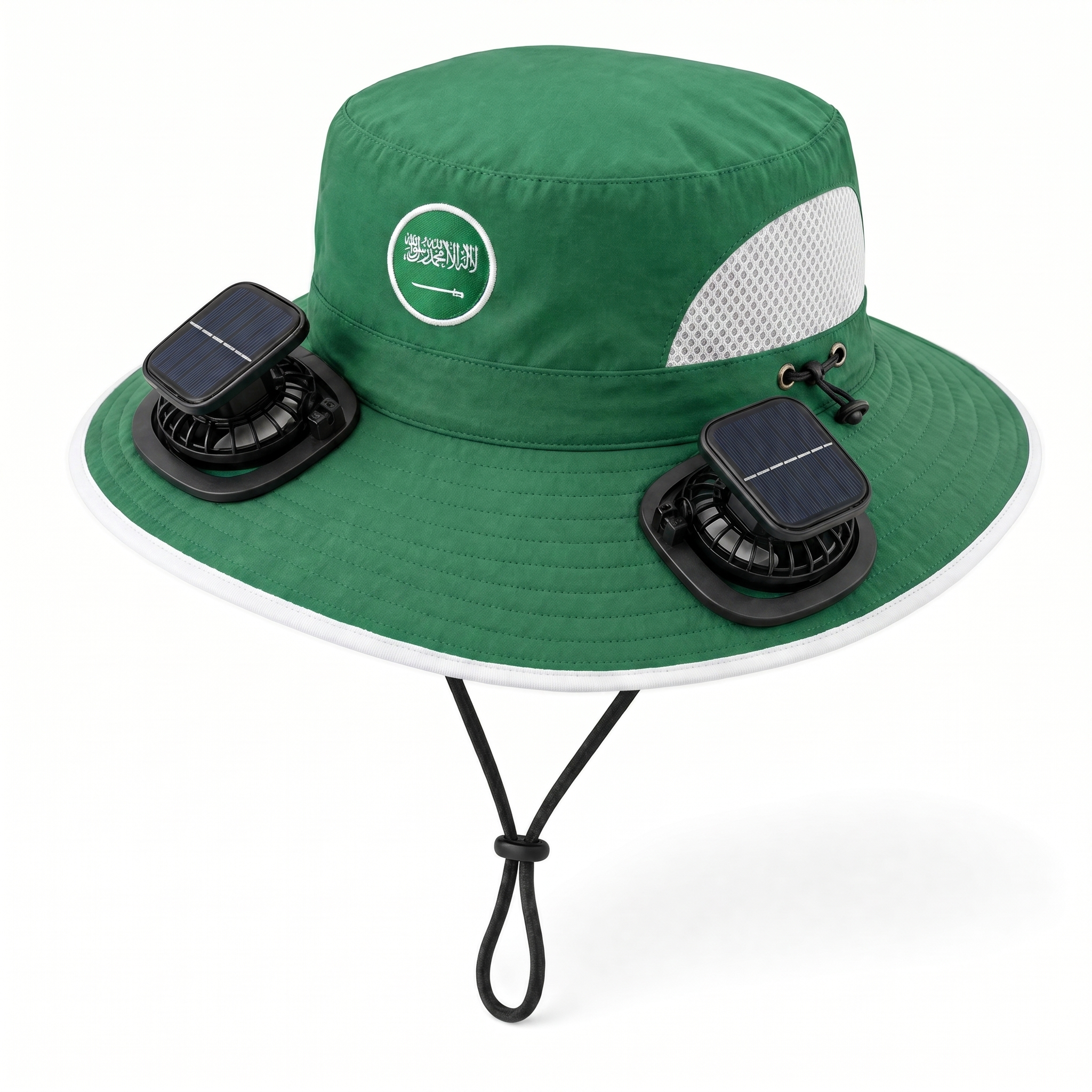 Saudi Arabia World Cup 2026 solar cooling fan hat in green and white with twin solar fans and flag crest, front view on white background