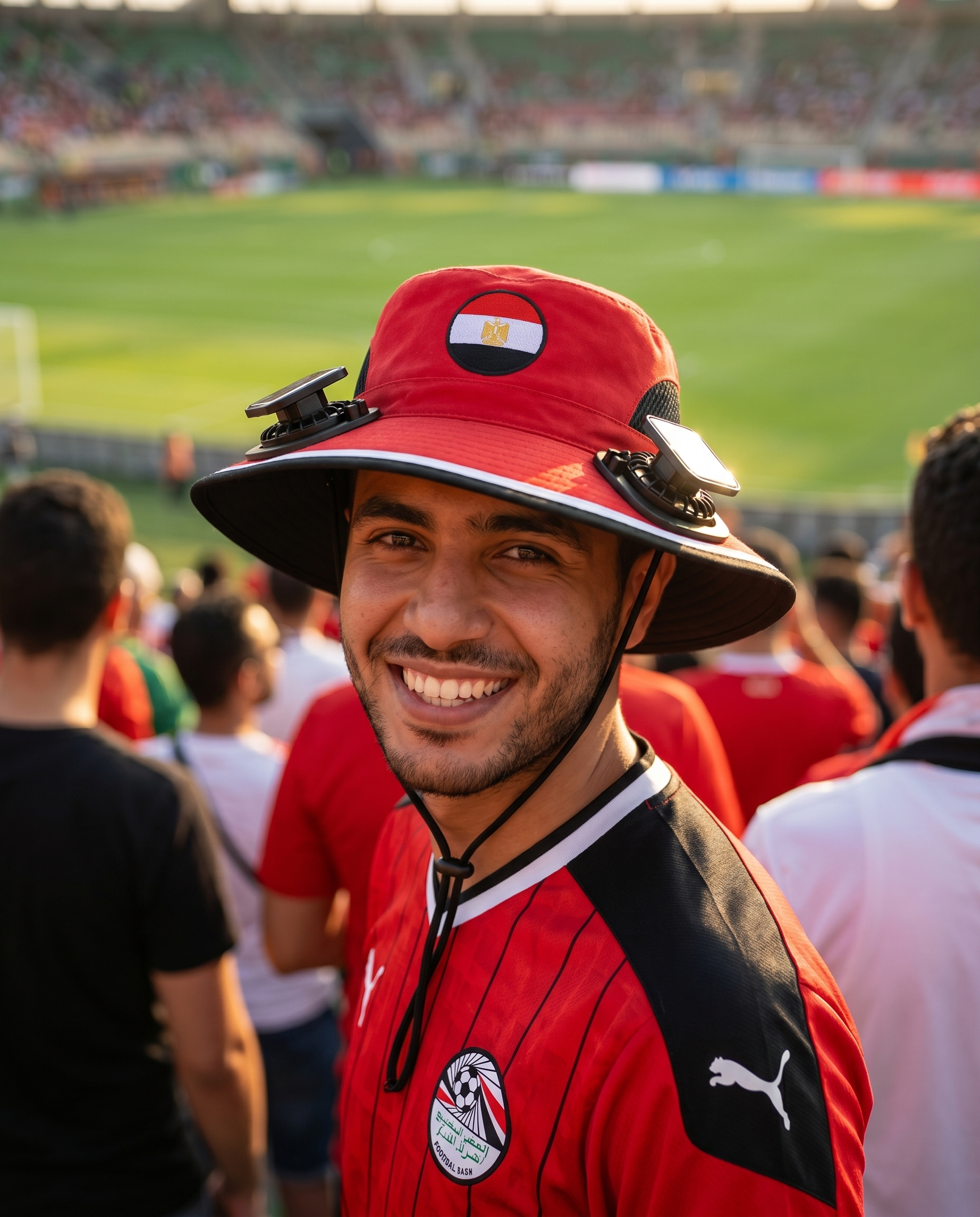 Man wearing the Egypt solar cooling fan hat at a sunny World Cup fan zone