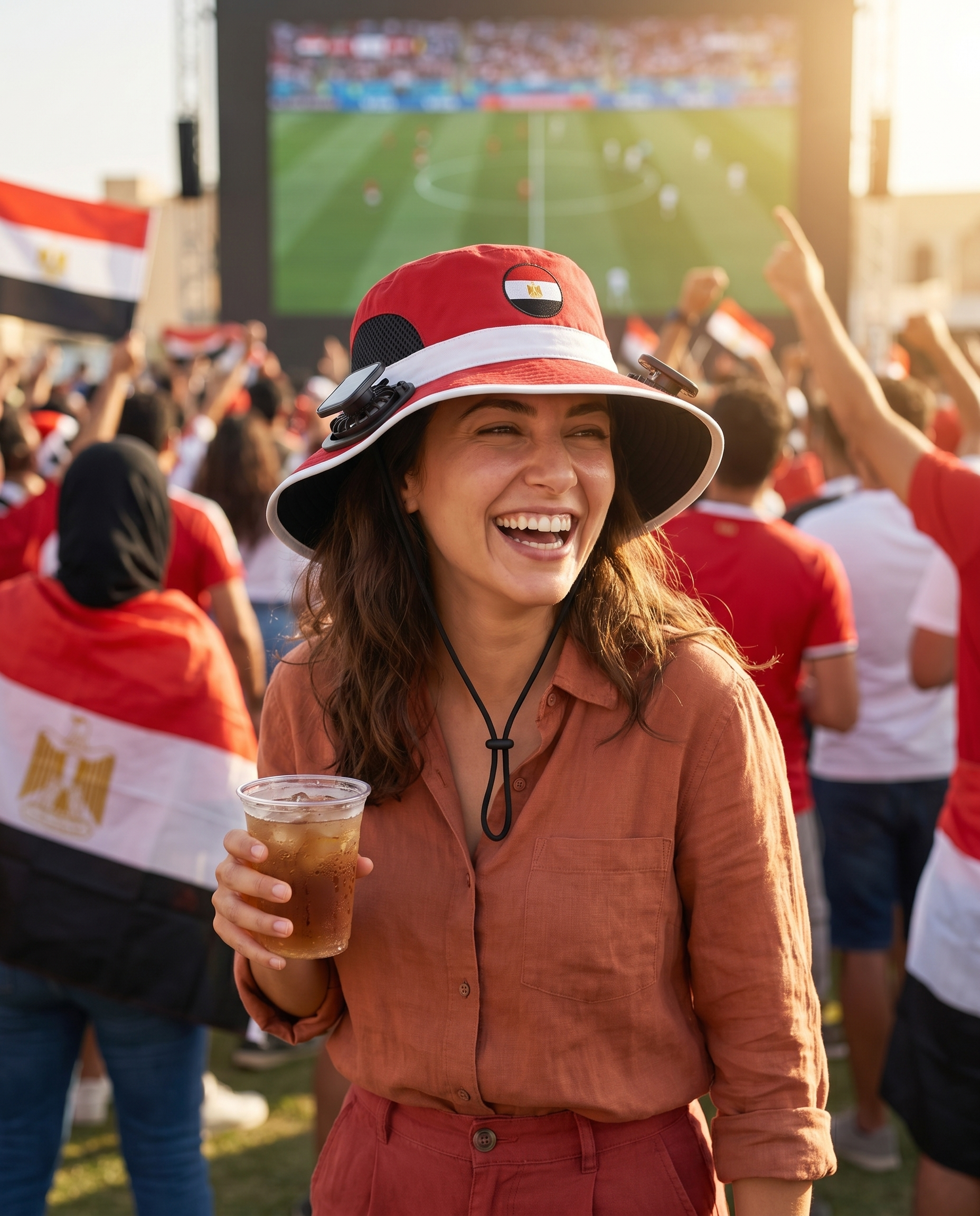 Woman wearing the Egypt solar cooling fan hat at a sunny World Cup watch party