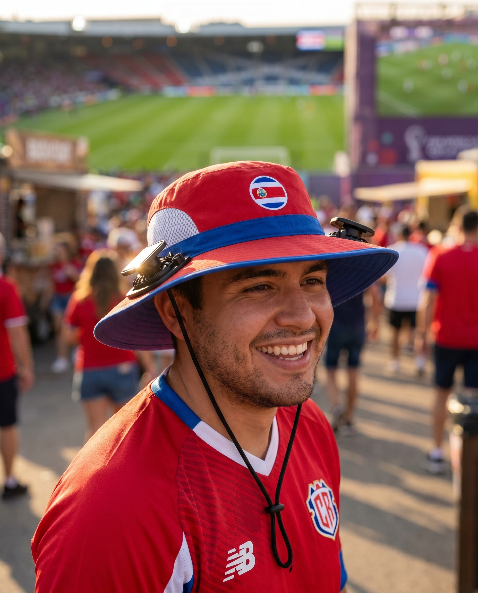 Man wearing the Costa Rica solar cooling fan hat at a sunny World Cup fan zone
