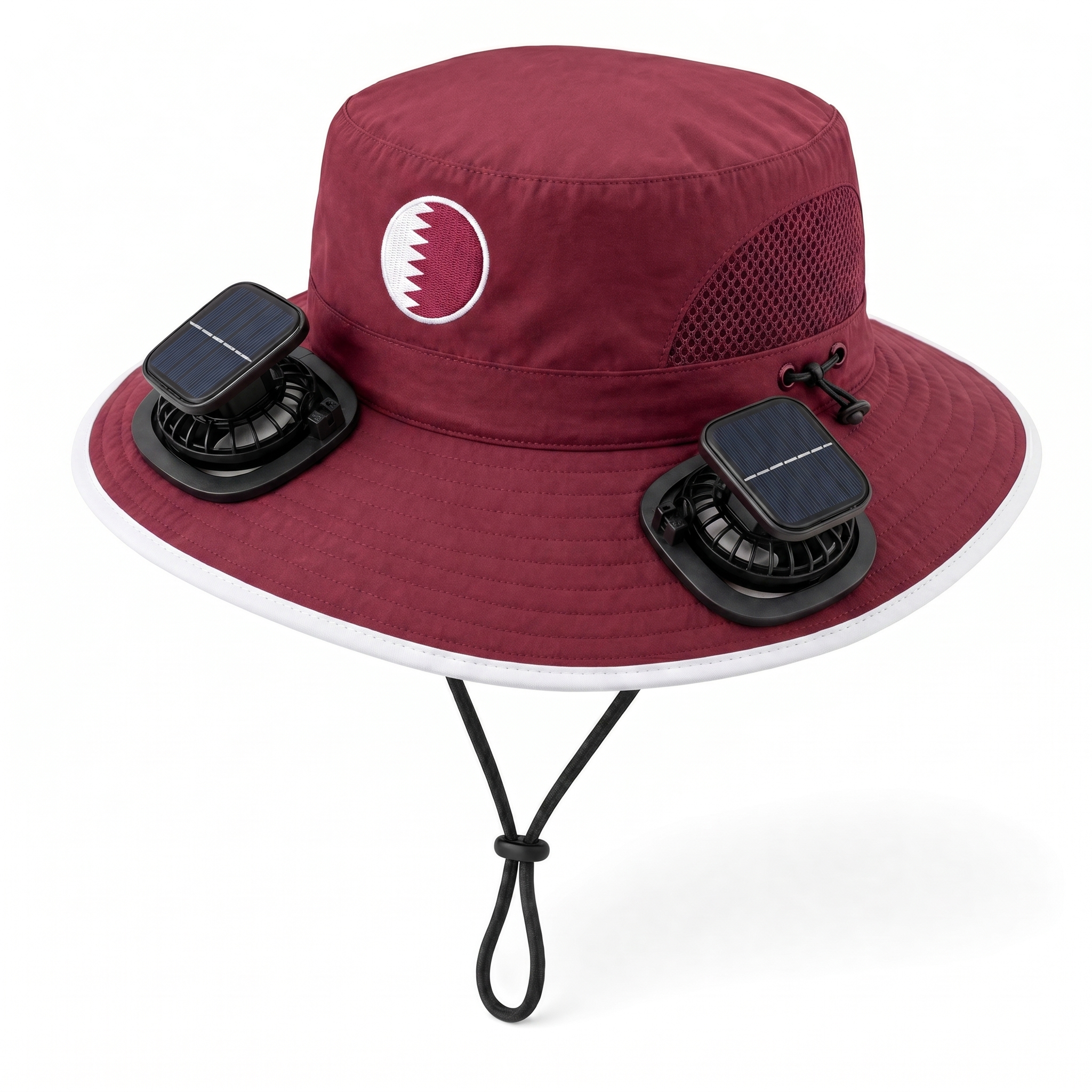 Qatar World Cup 2026 solar cooling fan hat in maroon and white with twin solar fans and flag crest, front view on white background