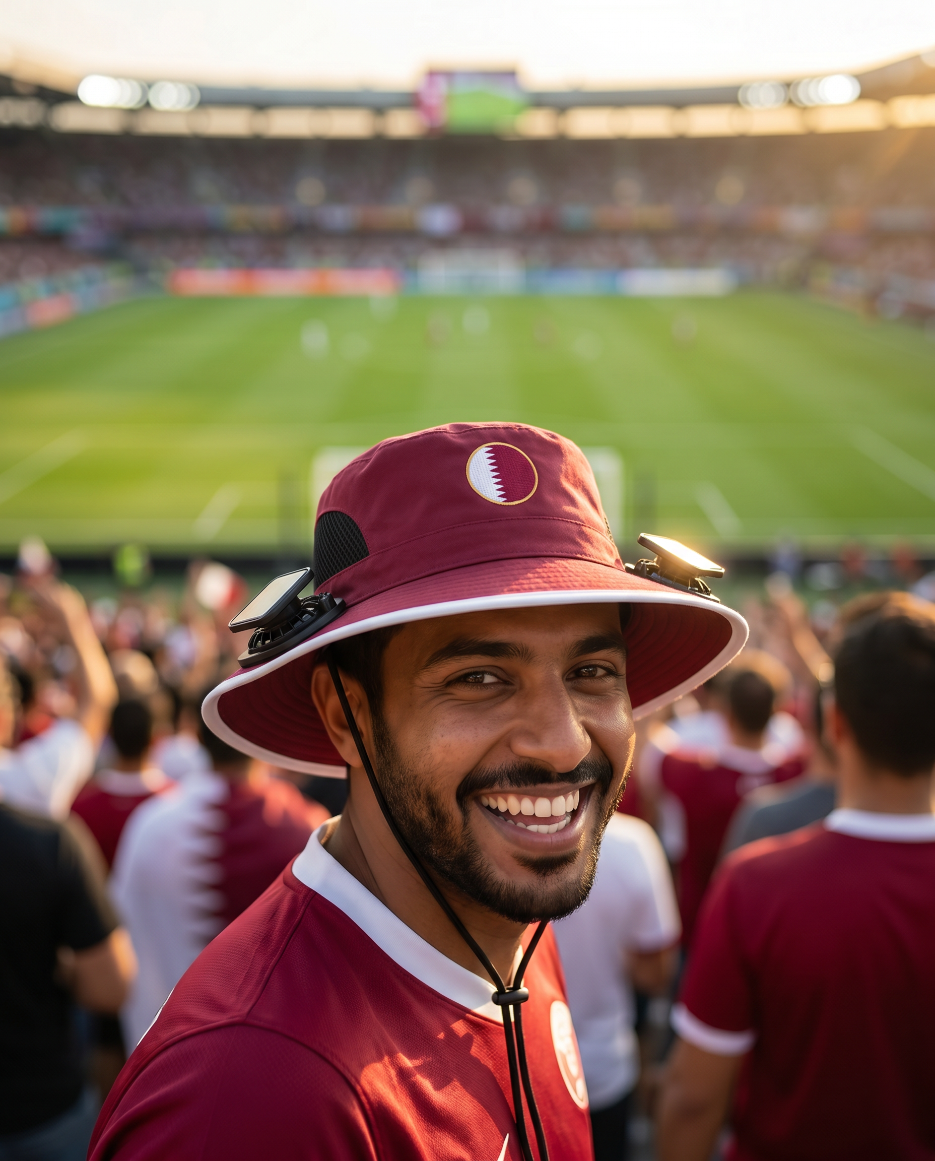 Man wearing the Qatar solar cooling fan hat at a sunny World Cup fan zone