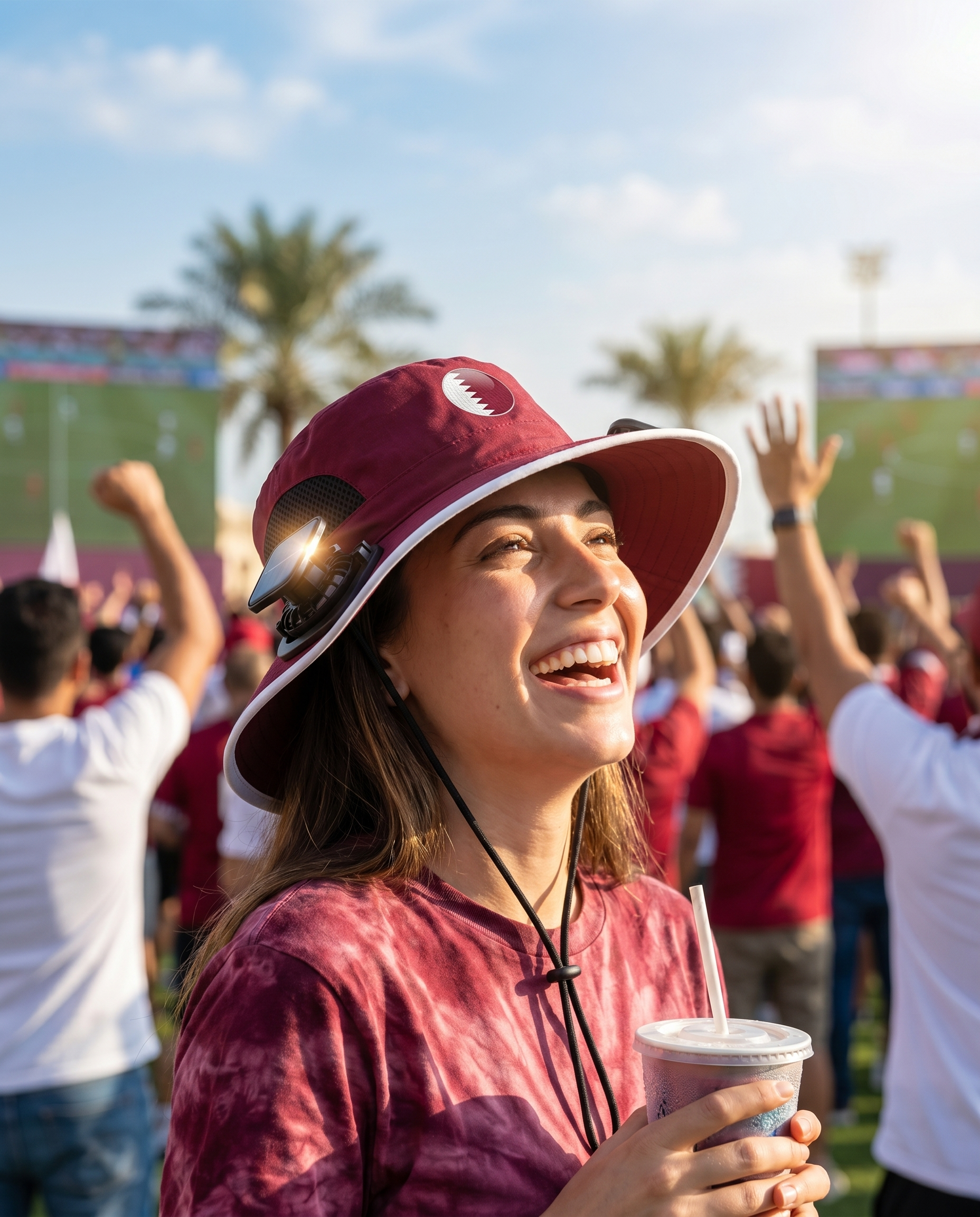 Woman wearing the Qatar solar cooling fan hat at a sunny World Cup watch party