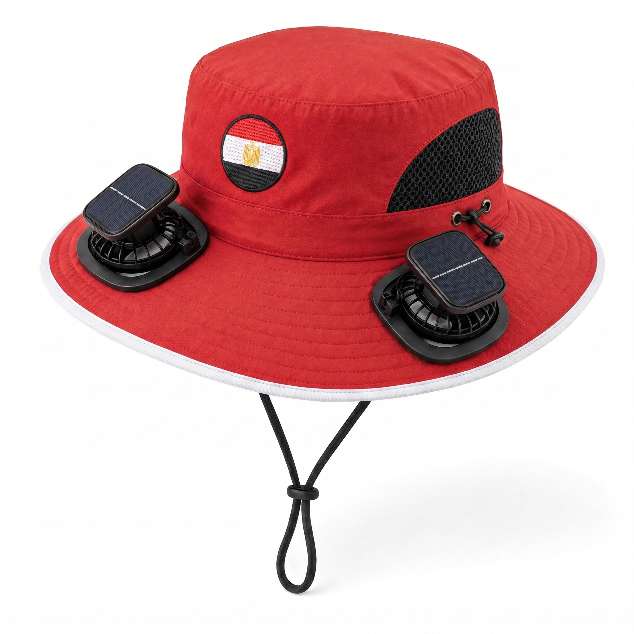 Egypt World Cup 2026 solar cooling fan hat in red, white and black with twin solar fans and flag crest, front view on white background