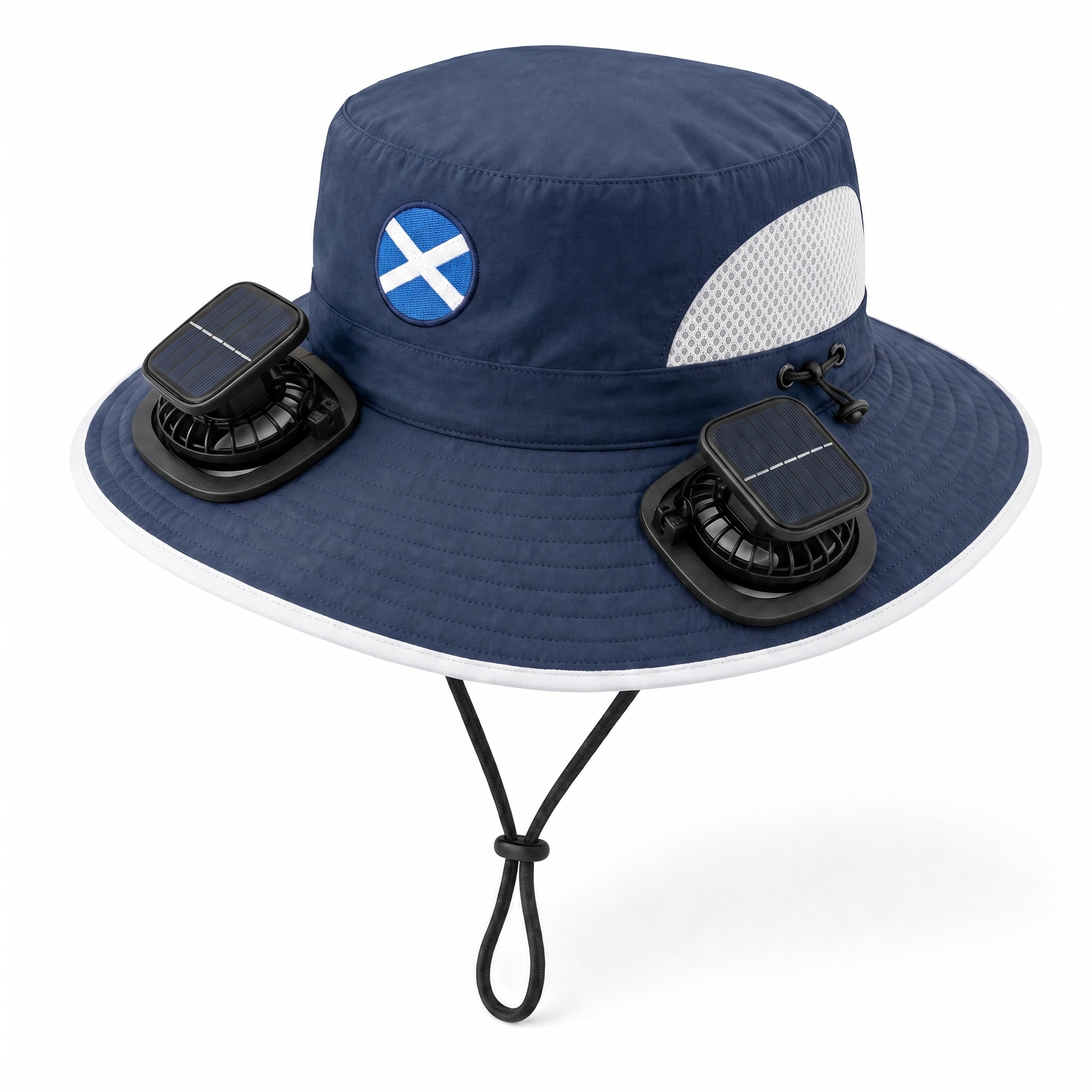 Scotland World Cup 2026 solar cooling fan hat in navy blue and white with twin solar fans and flag crest, front view on white background