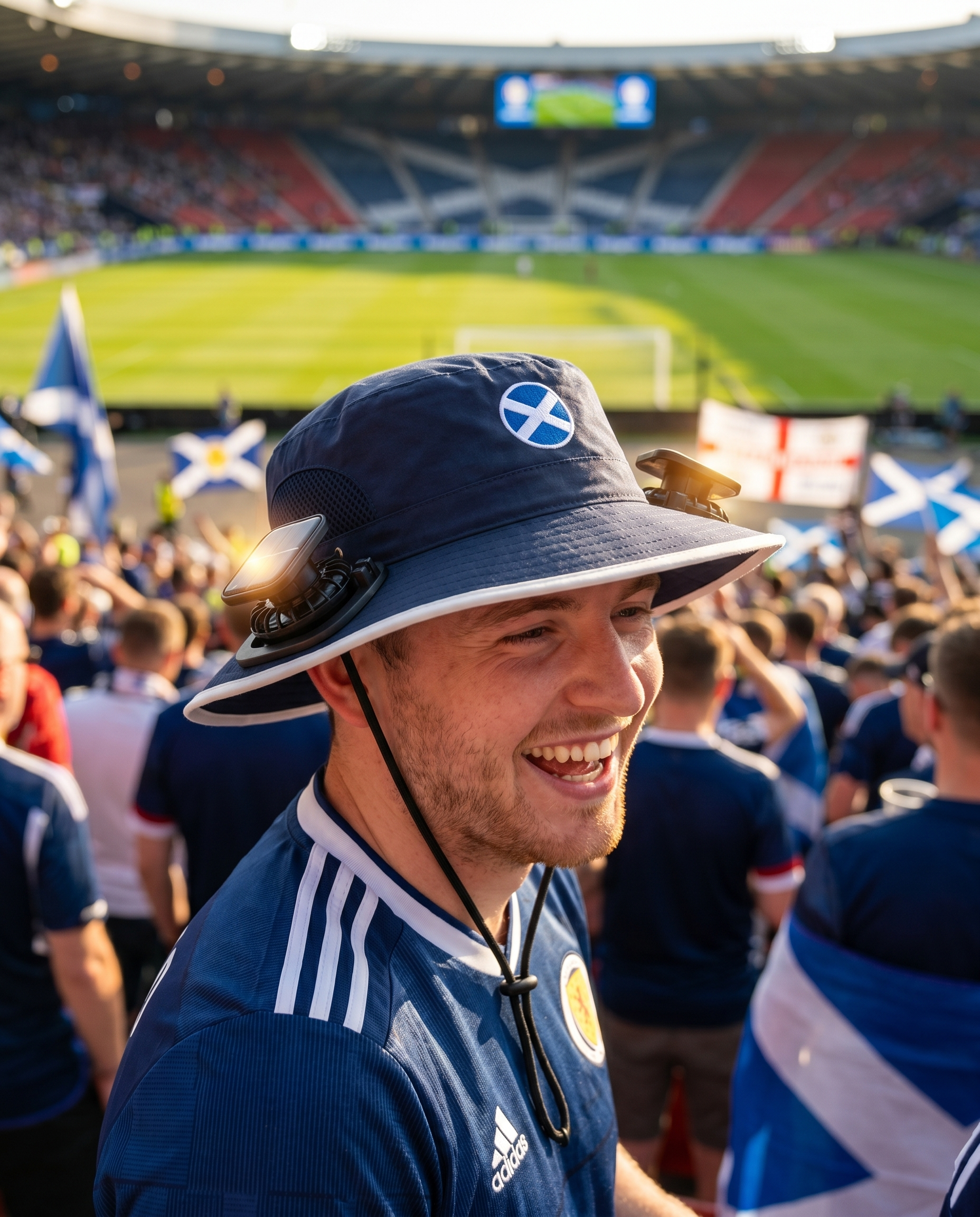 Man wearing the Scotland solar cooling fan hat at a sunny World Cup fan zone