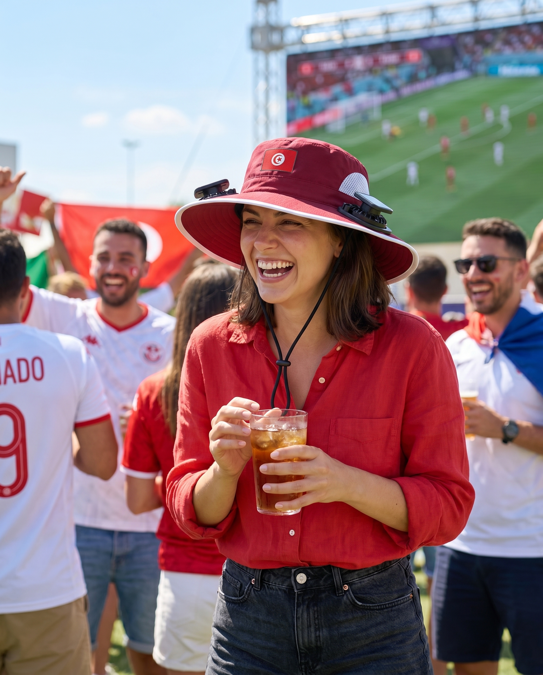 Woman wearing the Tunisia solar cooling fan hat at a sunny World Cup watch party